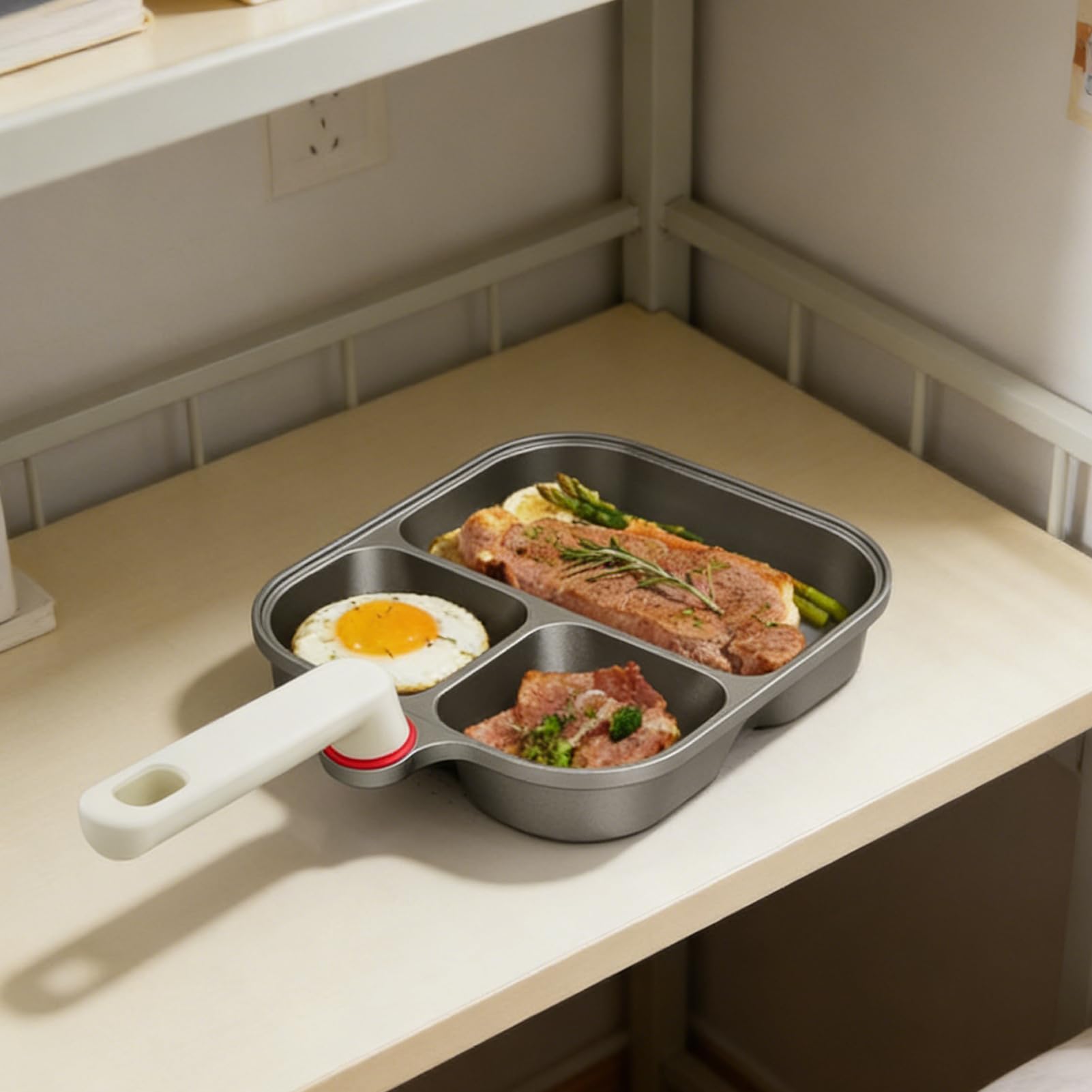 Titanium Nonstick Divided Breakfast Pan, 3-Compartment Egg & Steak Griddle with Lid and Spatula