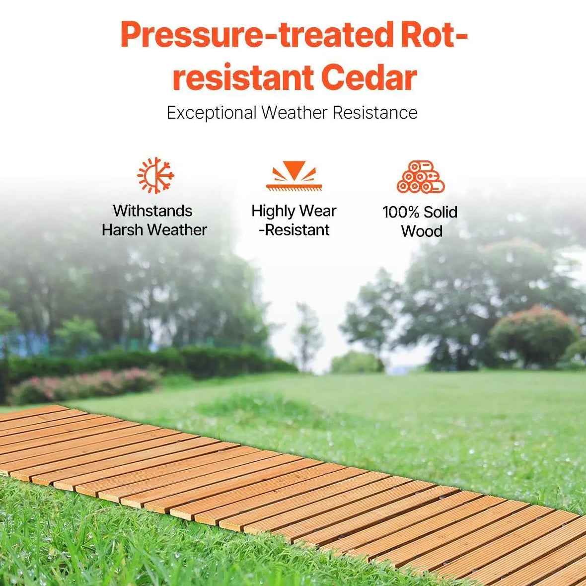 Non-Slip Cedar Roll Up Garden Walkway 16'x17", Weatherproof Decorative Wooden Path for Outdoor Party & Wedding