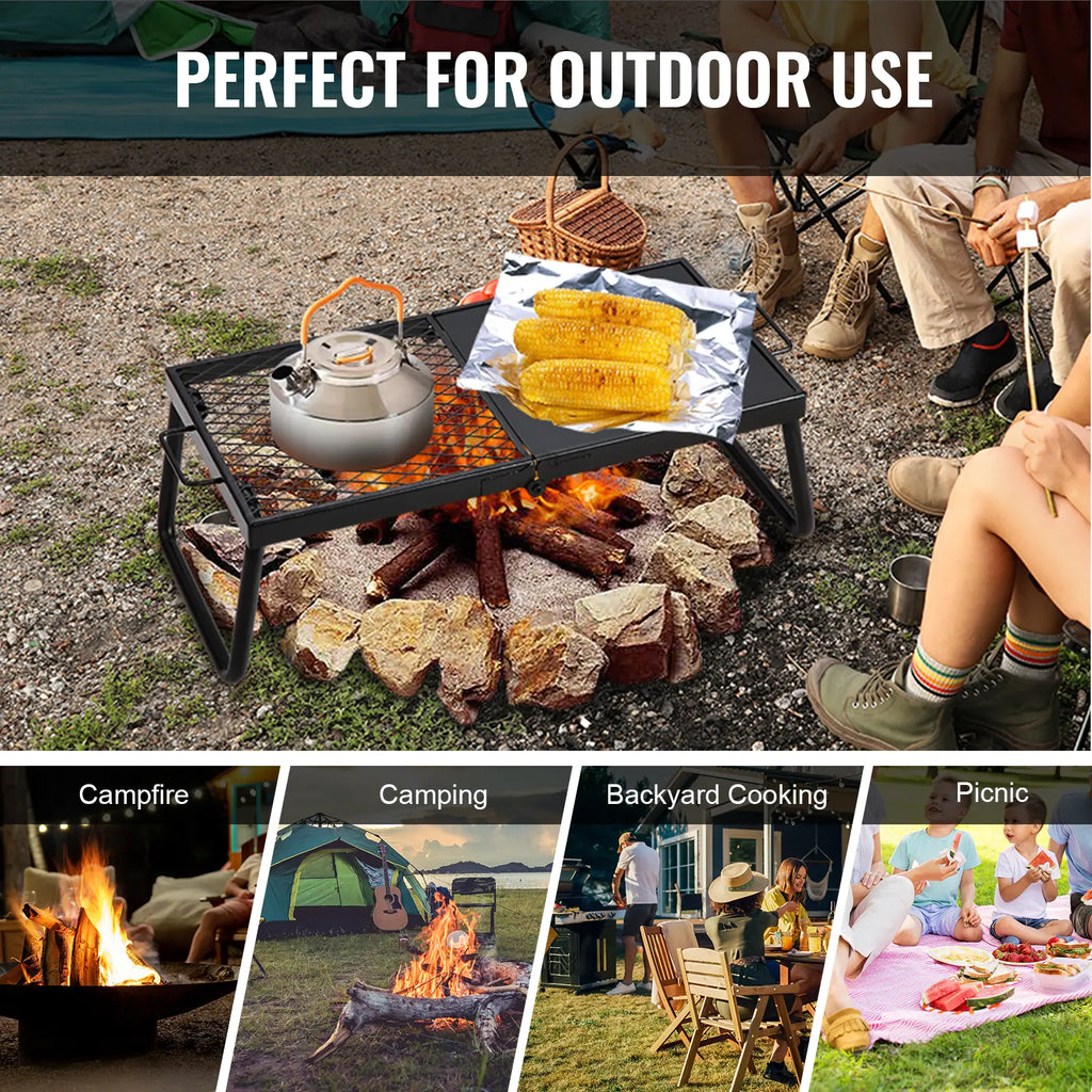 Portable Over Fire Pit Grill Rack with Folding Legs & Storage Bag