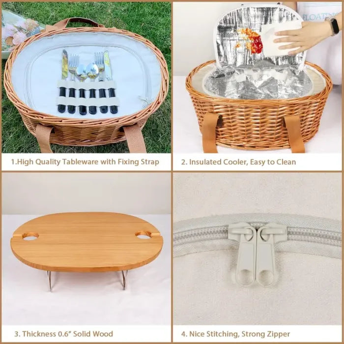 Wicker Picnic Basket with Insulated Cooler, Wine Table and Cutlery Set