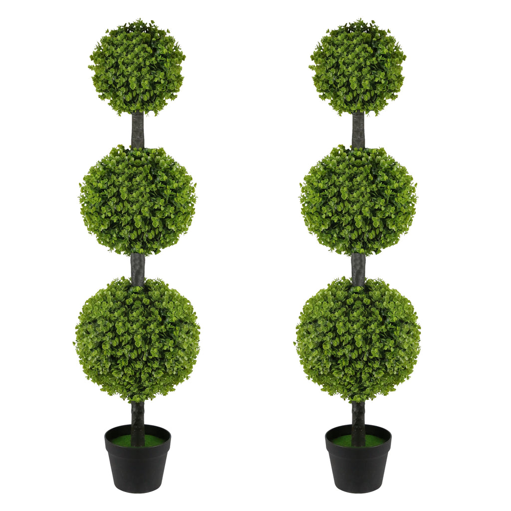 2 Pack 4FT Artificial Triple Ball Topiary Trees in Pot, Faux Shrubs for Front Door Porch Outdoor Decor