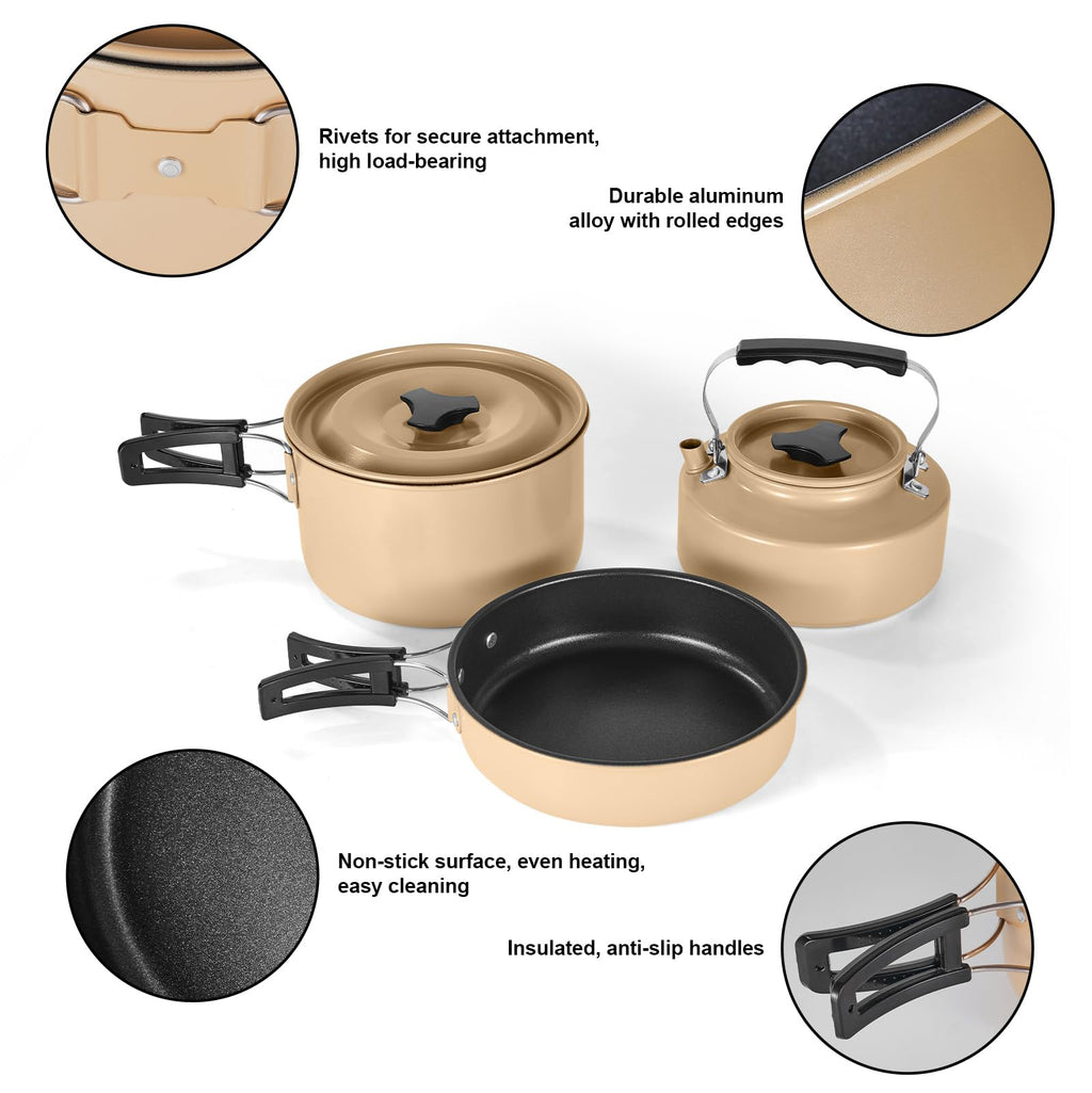 15 Piece Non-Stick Camping Cookware Set, Lightweight Outdoor Mess Kit with Full Stainless Steel Tableware