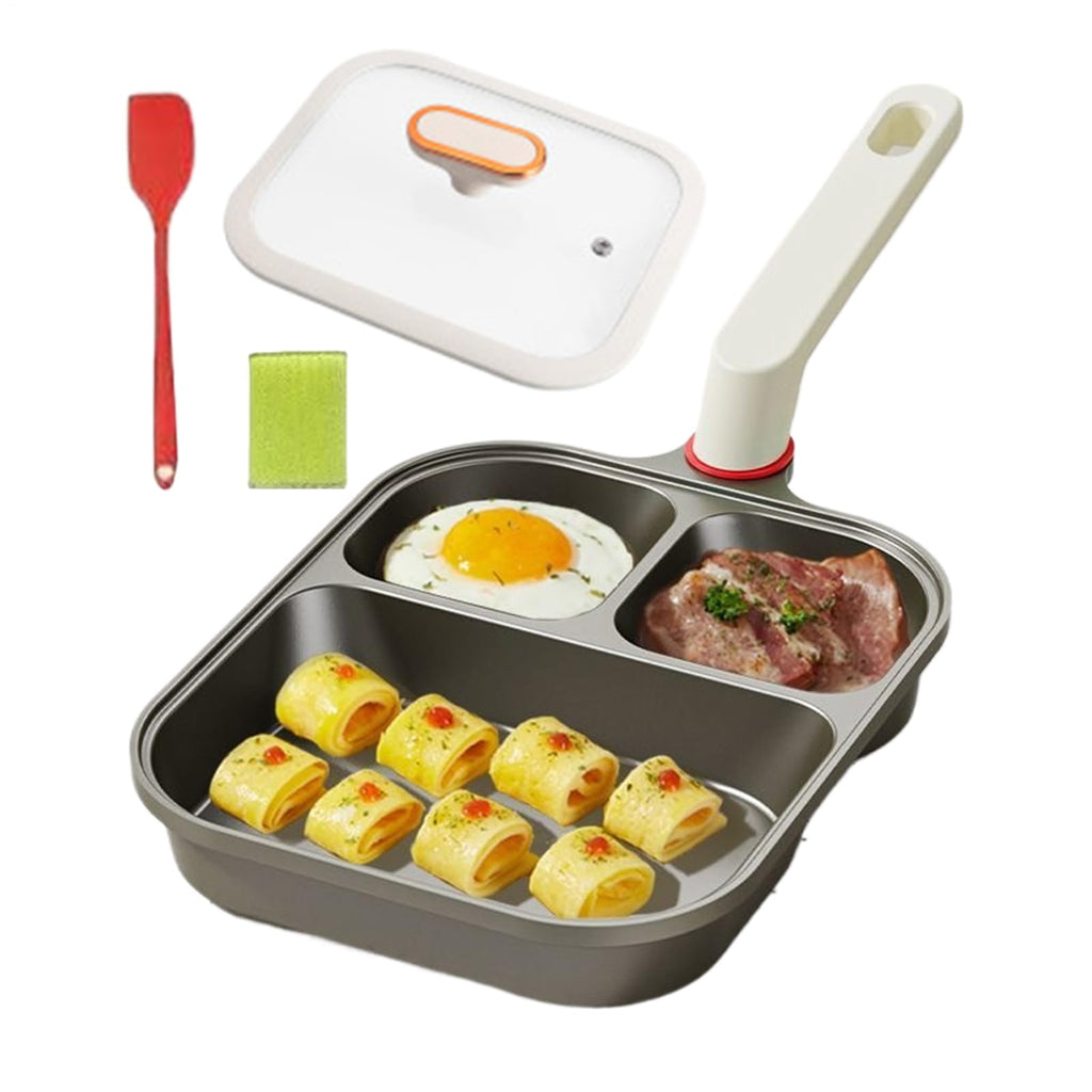 Titanium Nonstick Divided Breakfast Pan, 3-Compartment Egg & Steak Griddle with Lid and Spatula