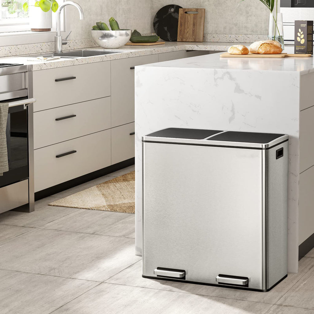 2x8 Gal (2x30L) Double Compartment Stainless Steel Recycling Trash Can with Soft Close Lids