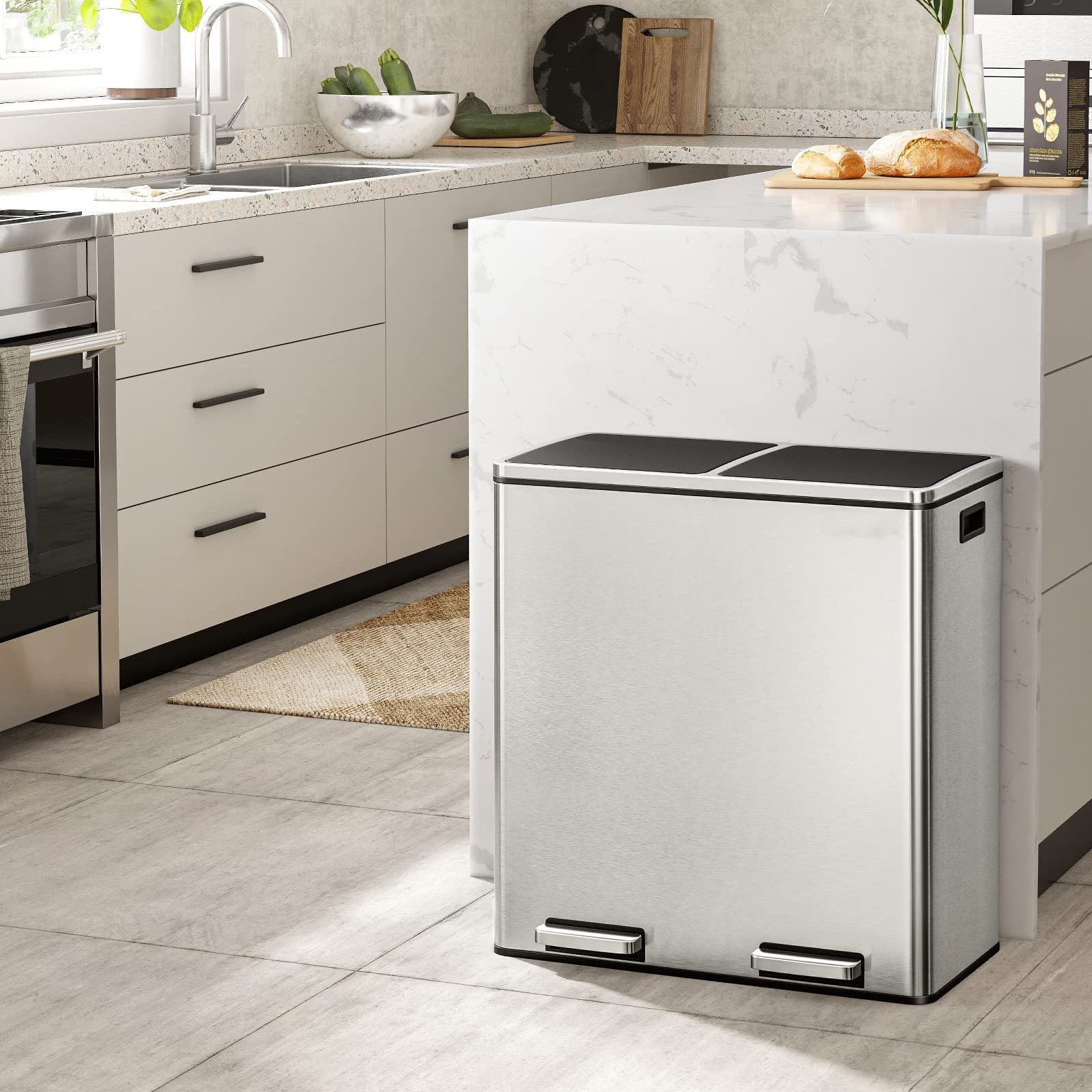 Multi-Compartment Stainless Steel Trash Can with Removable Inner Buckets & Soft Close Lid