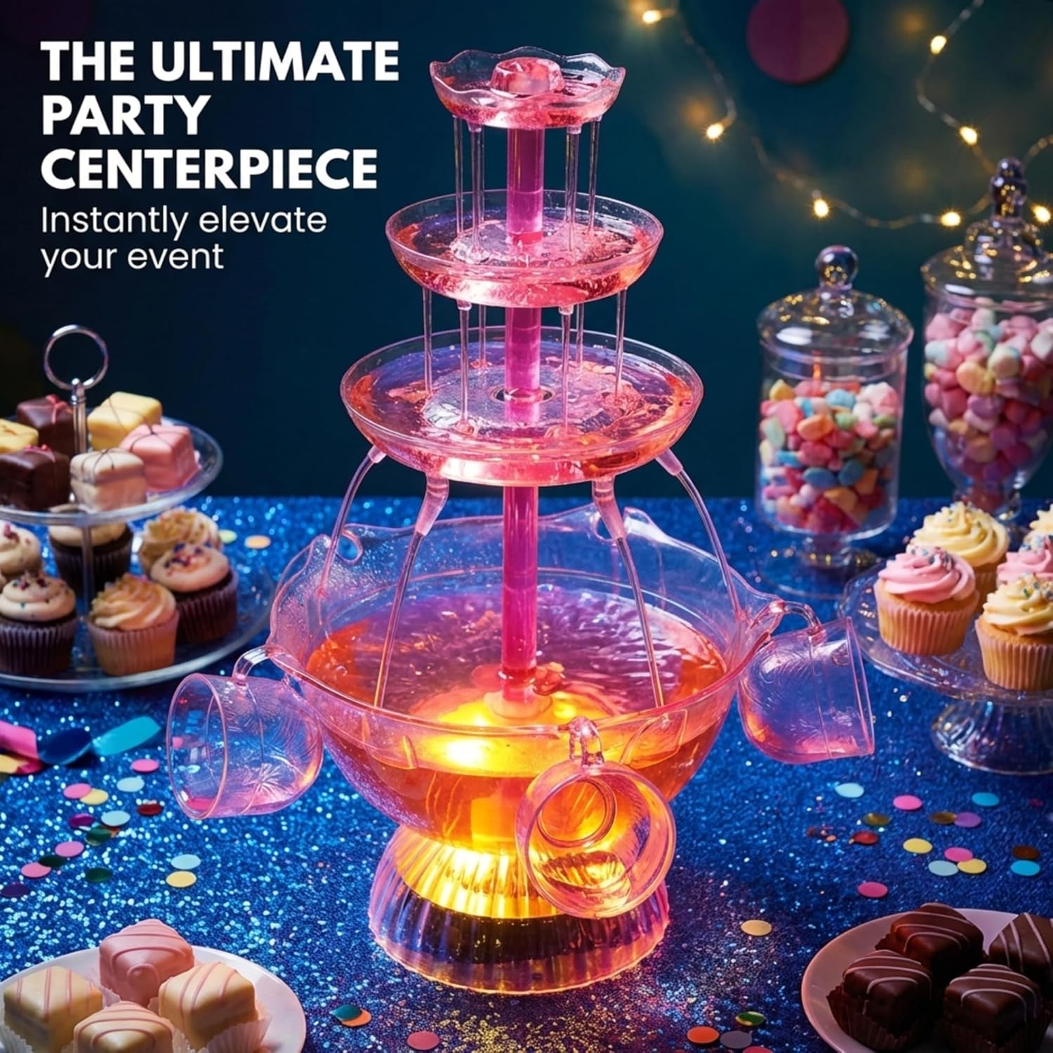 Light Up Glowing Beverage Fountain with 5 Cups, Party Drink Server for Wedding Birthday Buffet & Catering Events