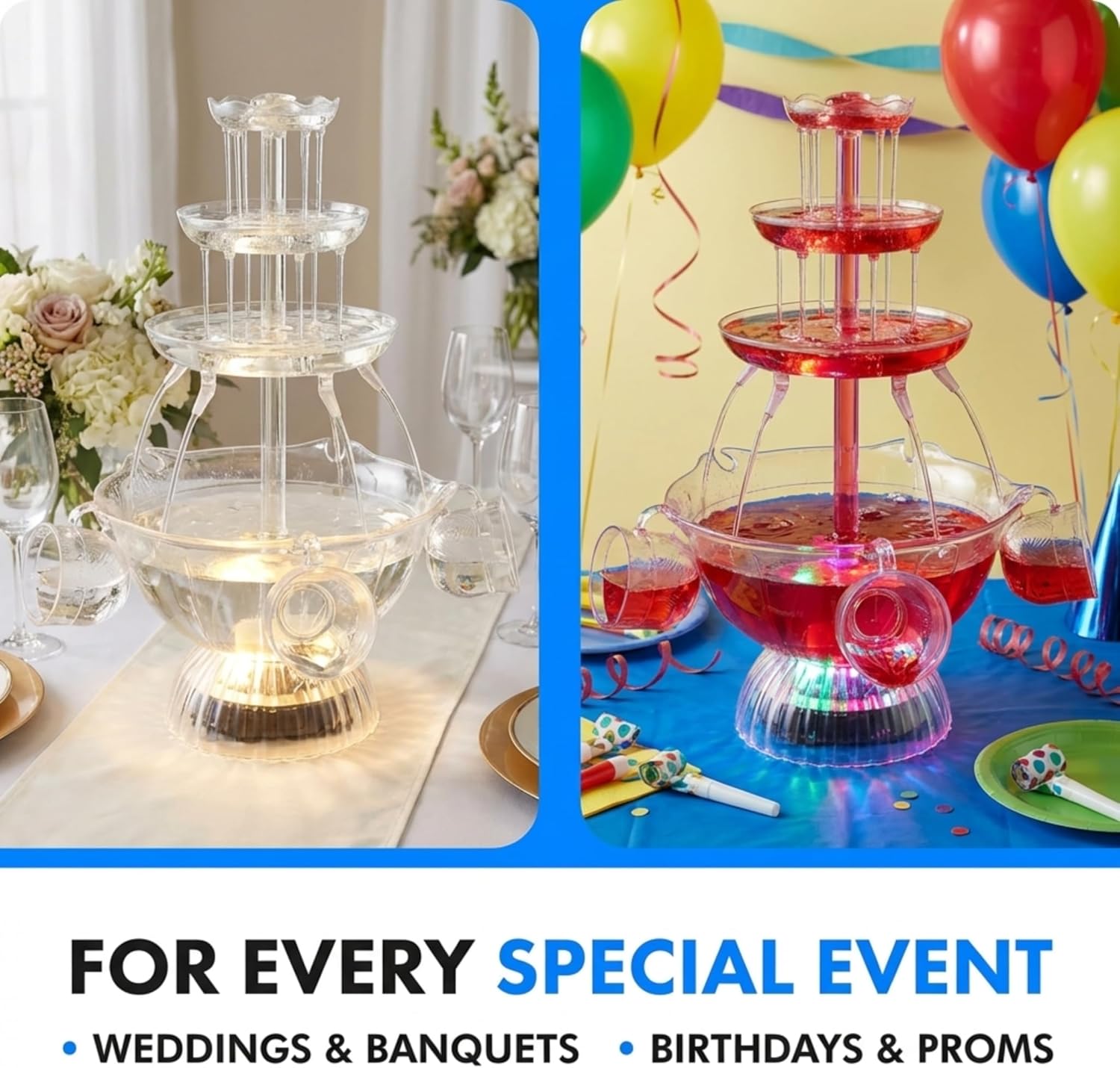 Light Up Glowing Beverage Fountain with 5 Cups, Party Drink Server for Wedding Birthday Buffet & Catering Events