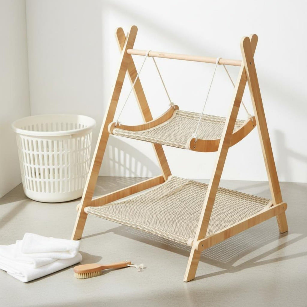 2 Tier Double Layer Cat Hammock with Sturdy Wood Frame, Washable Linen Pet Bed