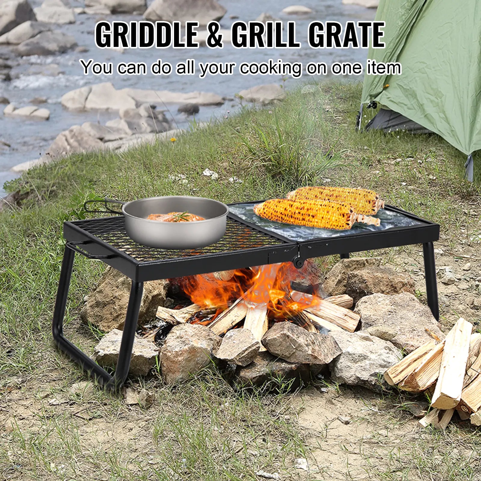 Portable Over Fire Pit Grill Rack with Folding Legs & Storage Bag