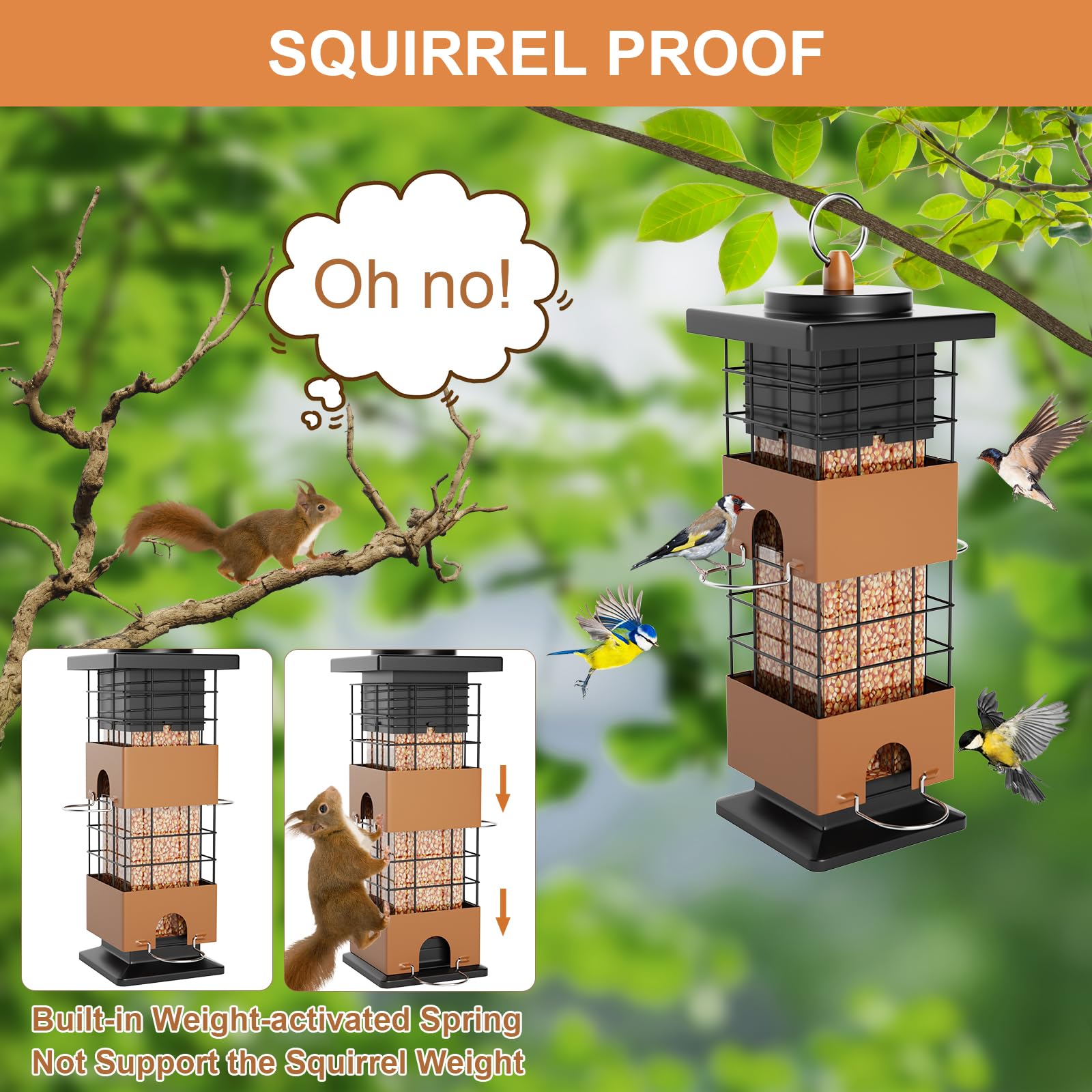Squirrel-Proof Metal Bird Feeder, 2.5LB Seed Capacity with 4 Weight-Activated Ports