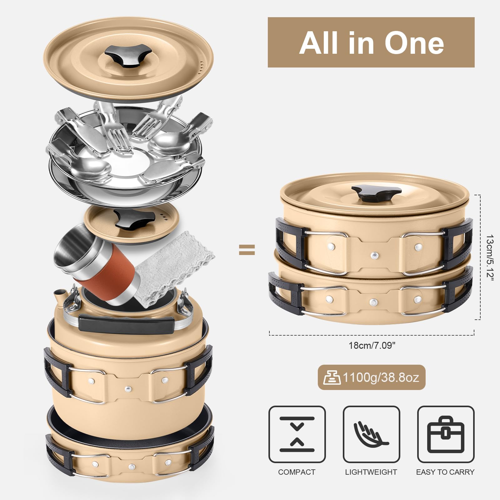 15 Piece Non-Stick Camping Cookware Set, Lightweight Outdoor Mess Kit with Full Stainless Steel Tableware