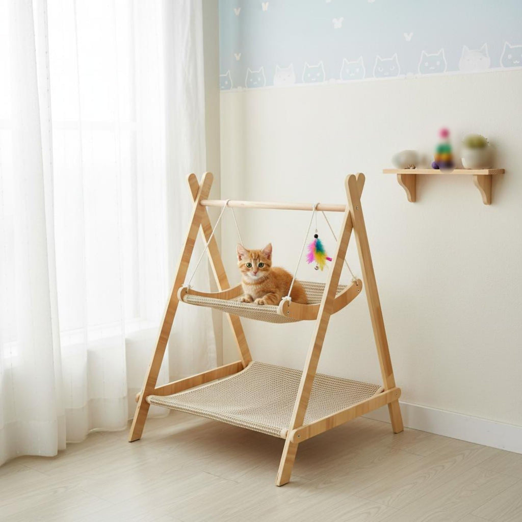 2 Tier Double Layer Cat Hammock with Sturdy Wood Frame, Washable Linen Pet Bed