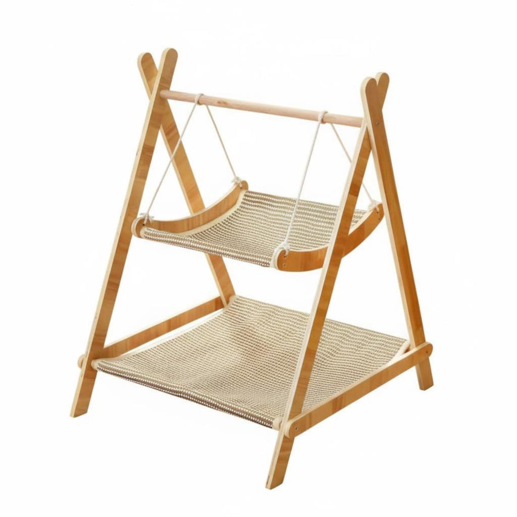 2 Tier Double Layer Cat Hammock with Sturdy Wood Frame, Washable Linen Pet Bed