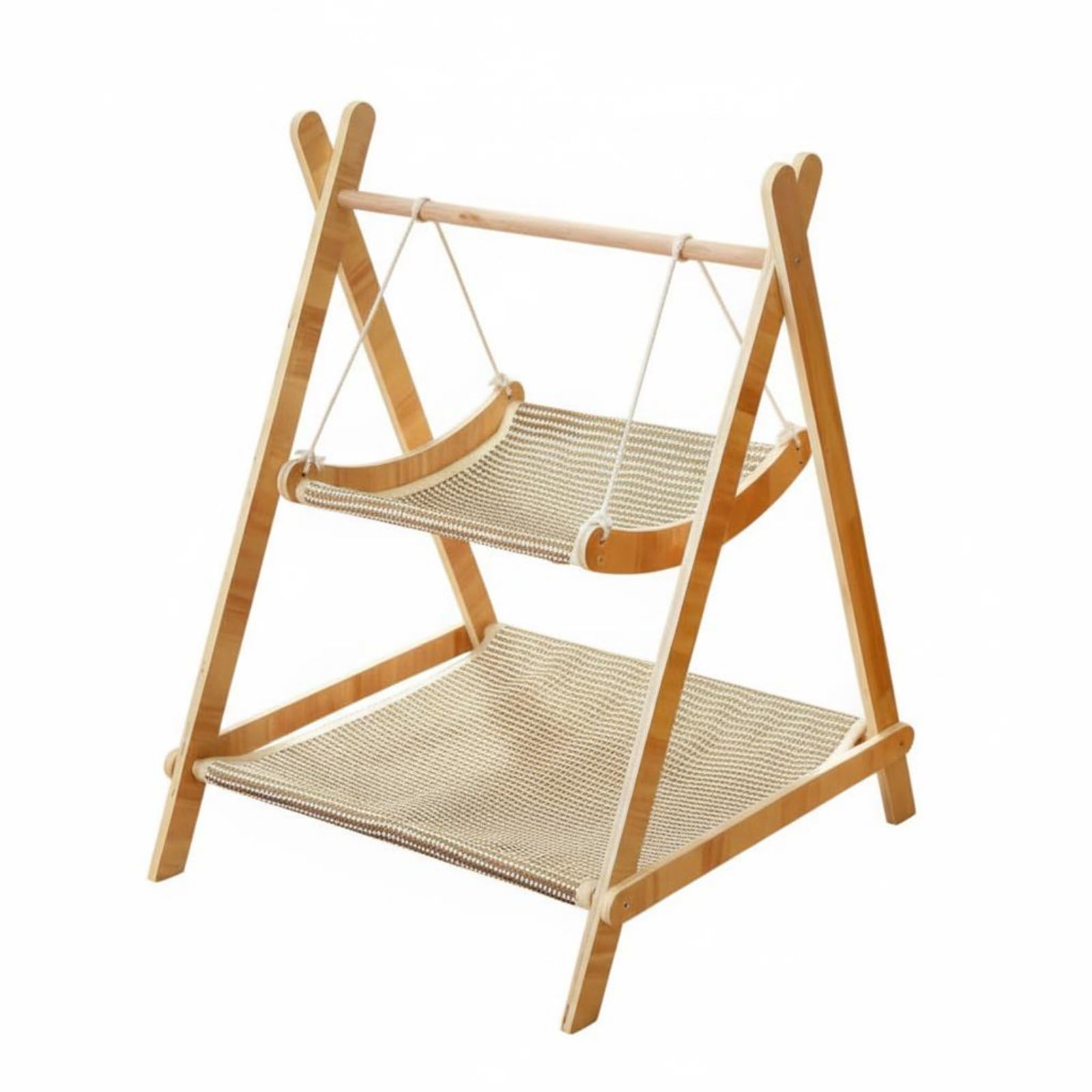 2 Tier Double Layer Cat Hammock with Sturdy Wood Frame, Washable Linen Pet Bed