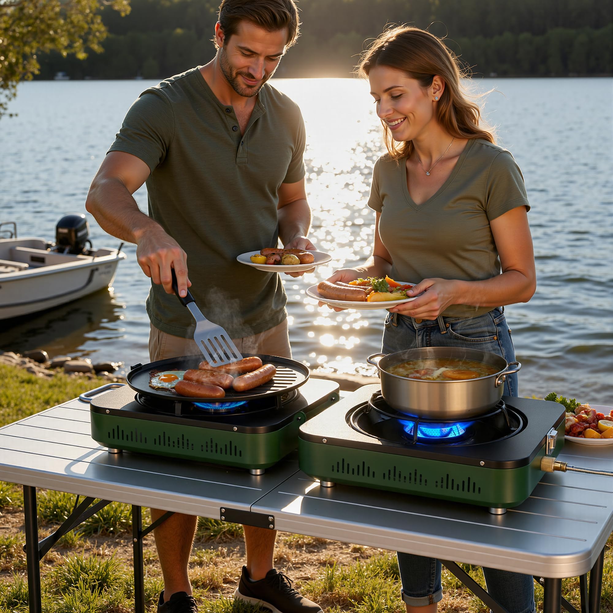 Portable 2-Burner Folding Propane Camping Stove Kit with Frying Pan & Storage Bag
