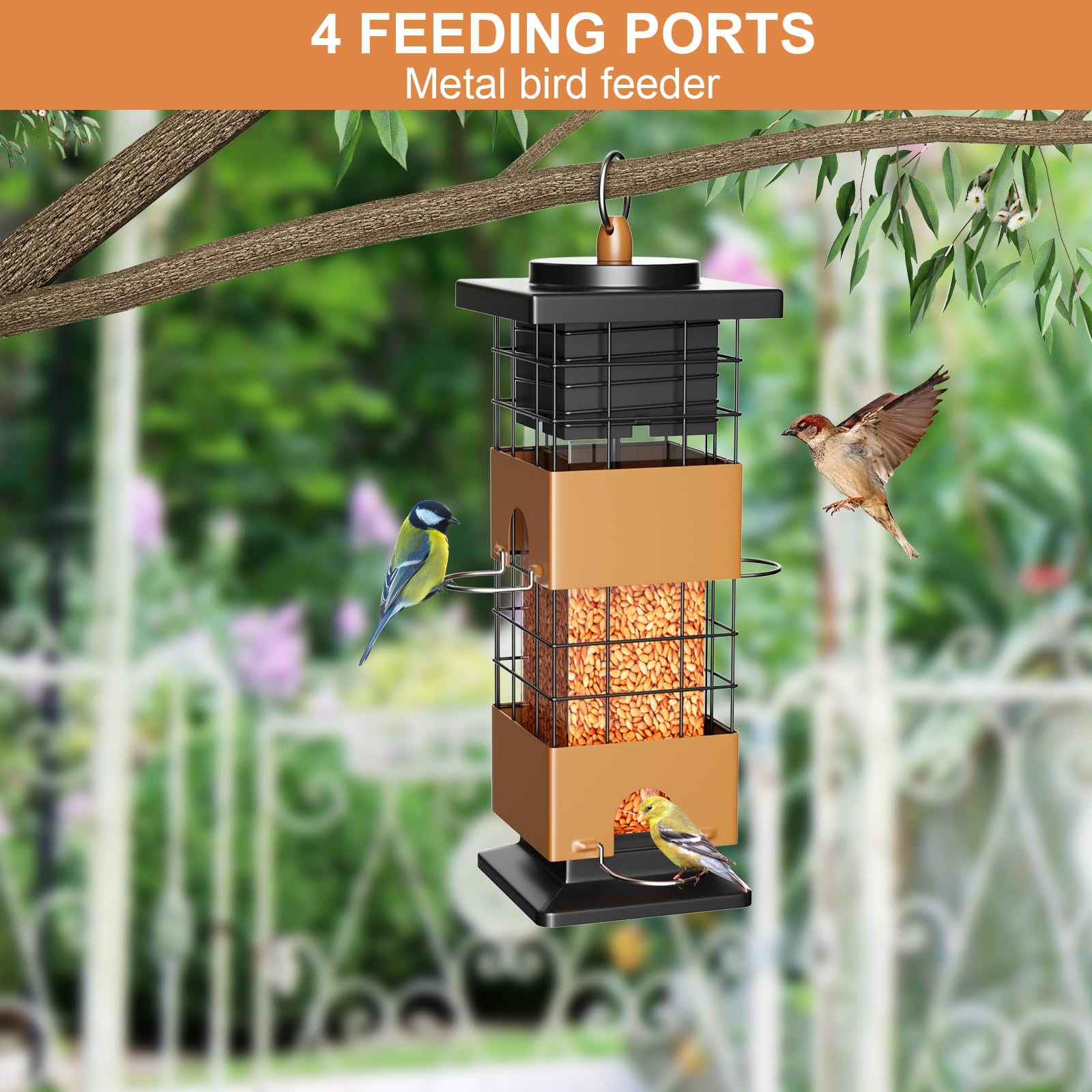 Squirrel-Proof Metal Bird Feeder, 2.5LB Seed Capacity with 4 Weight-Activated Ports