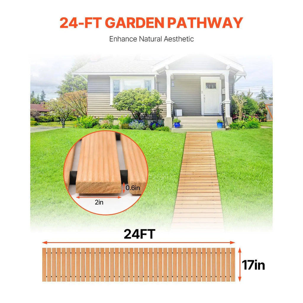 Non-Slip Cedar Roll Up Garden Walkway 16'x17", Weatherproof Decorative Wooden Path for Outdoor Party & Wedding