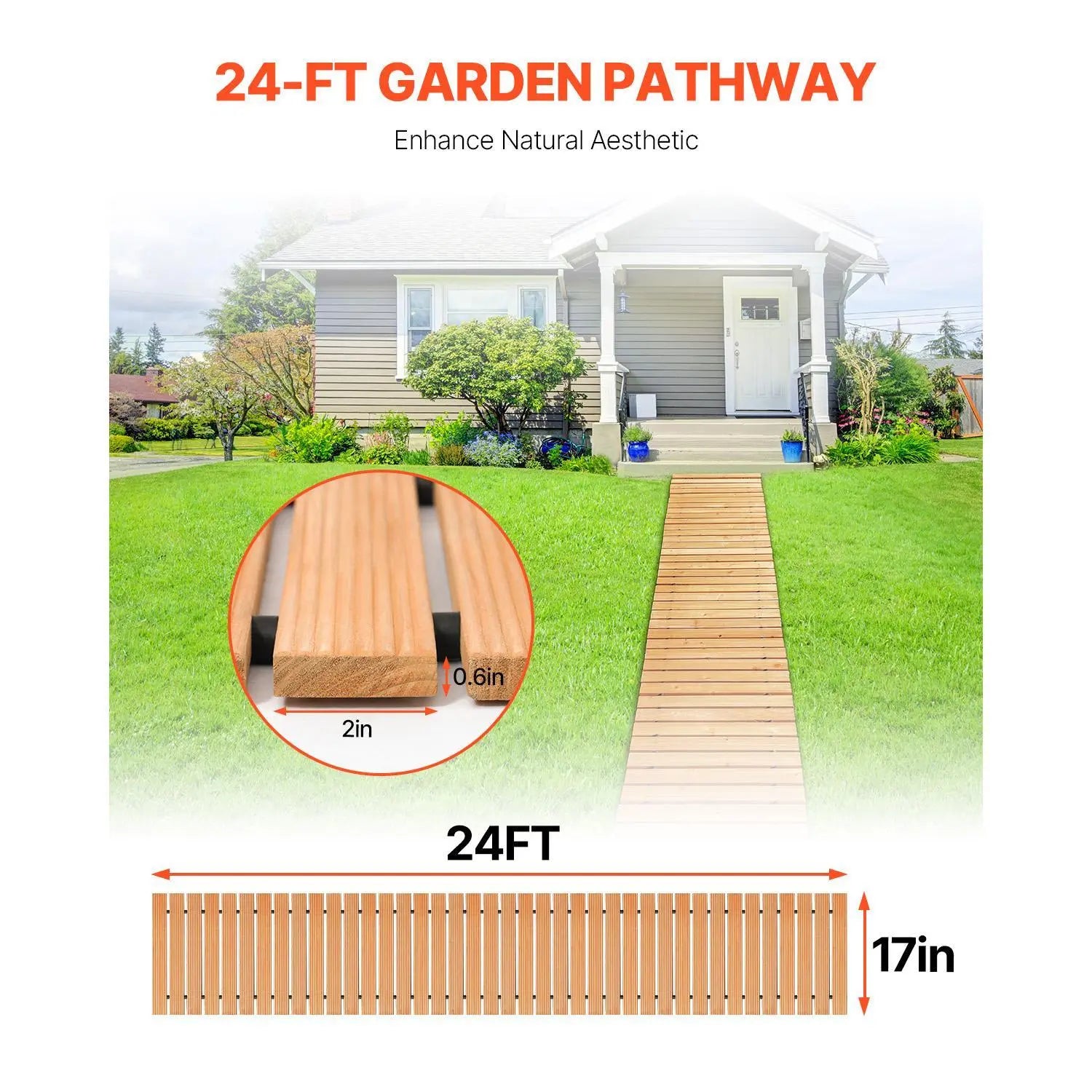 Non-Slip Cedar Roll Up Garden Walkway 16'x17", Weatherproof Decorative Wooden Path for Outdoor Party & Wedding