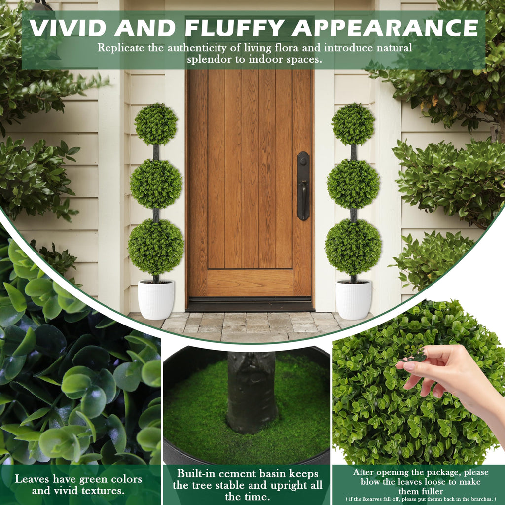 2 Pack 4FT Artificial Triple Ball Topiary Trees in Pot, Faux Shrubs for Front Door Porch Outdoor Decor