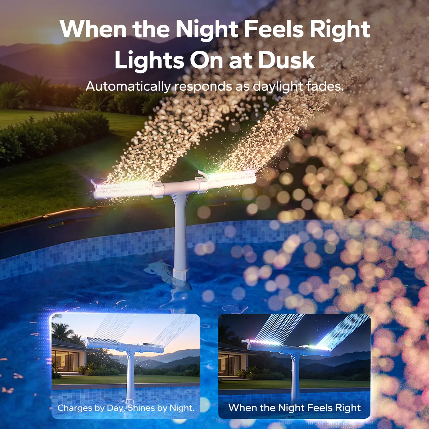 Solar Powered Pool Fountain with Remote & Dual Spray Heads, Auto Light Sensing Fountain for Inground Above Ground Pools