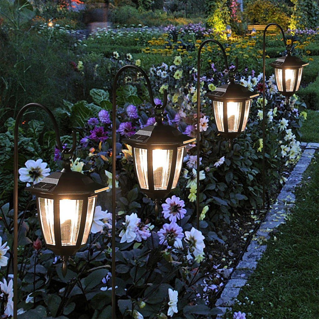 4 Pack Solar Hanging Lanterns with 38" Shepherd Hooks, Waterproof Warm White Outdoor Garden Lights