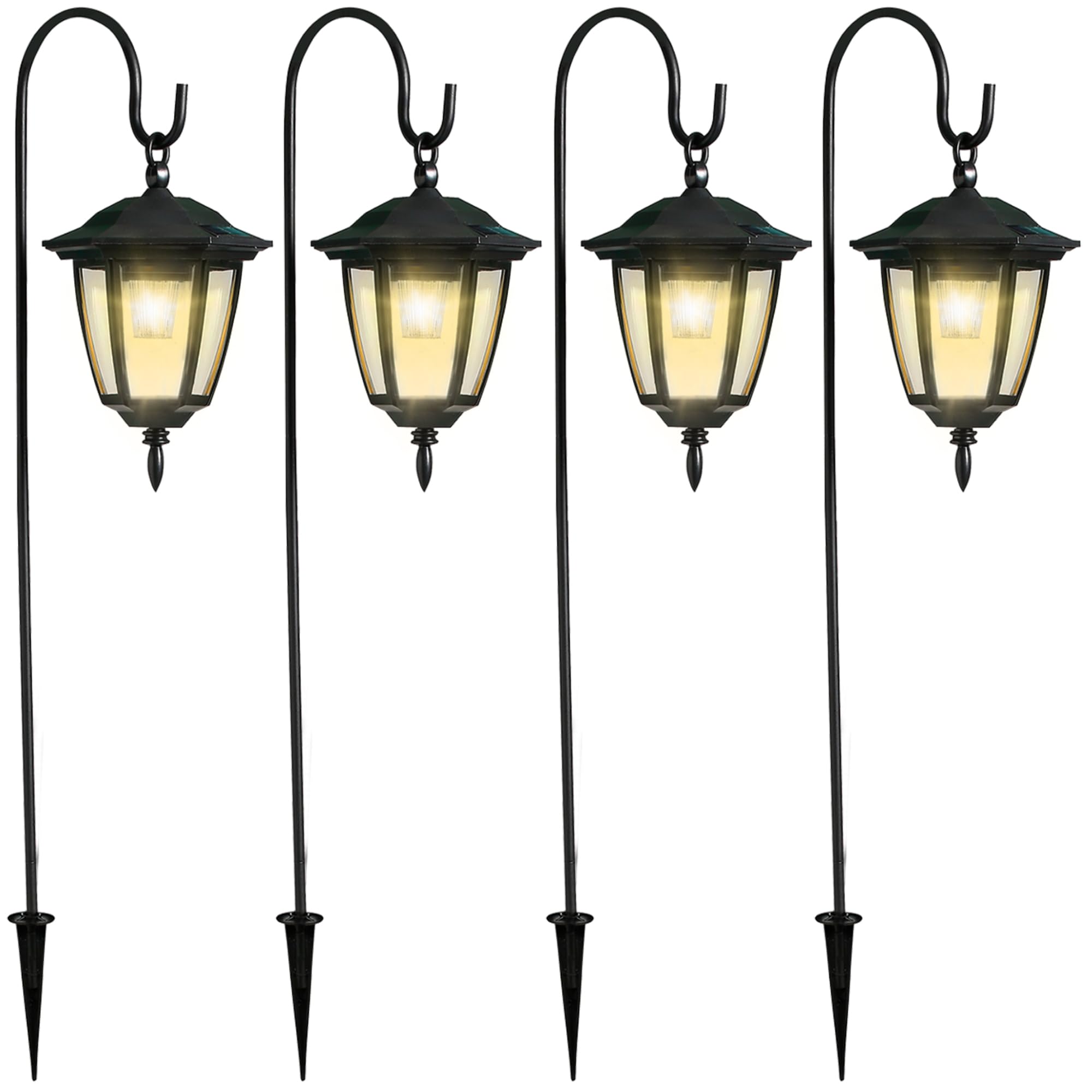 4 Pack Solar Hanging Lanterns with 38" Shepherd Hooks, Waterproof Warm White Outdoor Garden Lights
