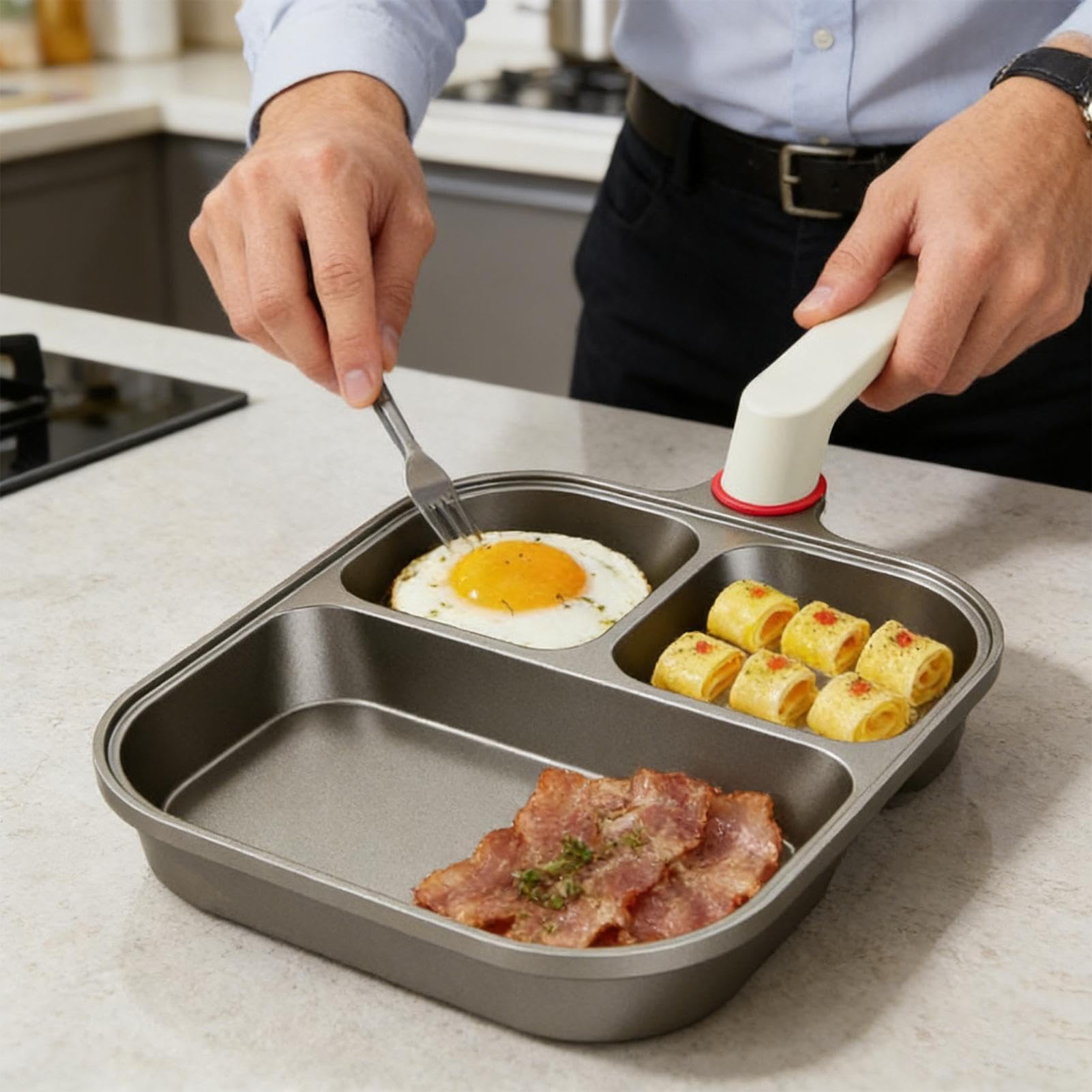 Titanium Nonstick Divided Breakfast Pan, 3-Compartment Egg & Steak Griddle with Lid and Spatula