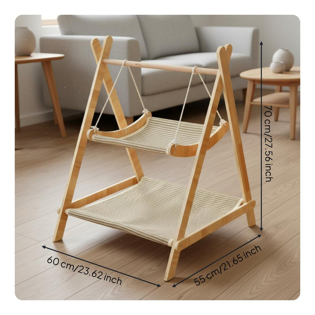 2 Tier Double Layer Cat Hammock with Sturdy Wood Frame, Washable Linen Pet Bed
