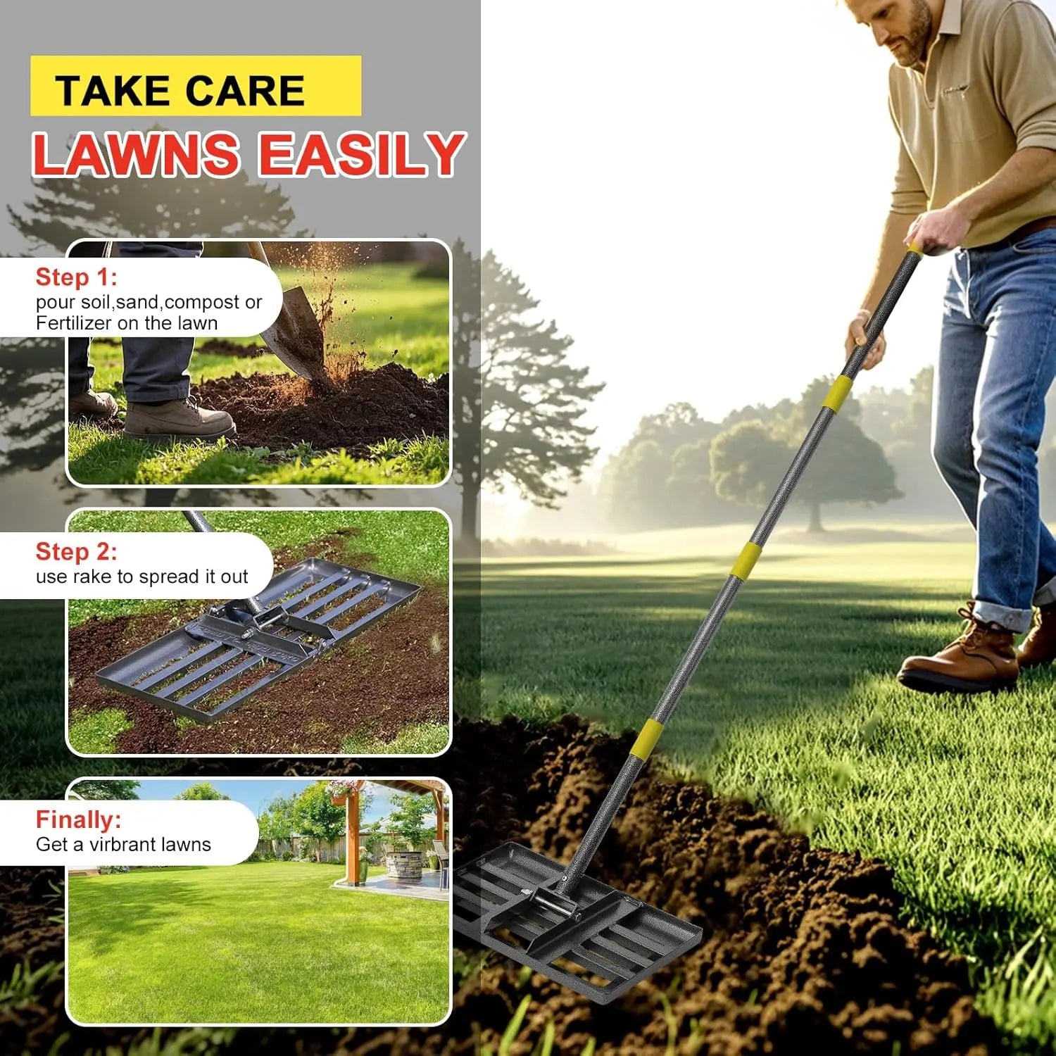 Stainless Steel Lawn Level Rake, Heavy Duty Adjustable Landscaping Leveler for Backyard Top Dressing