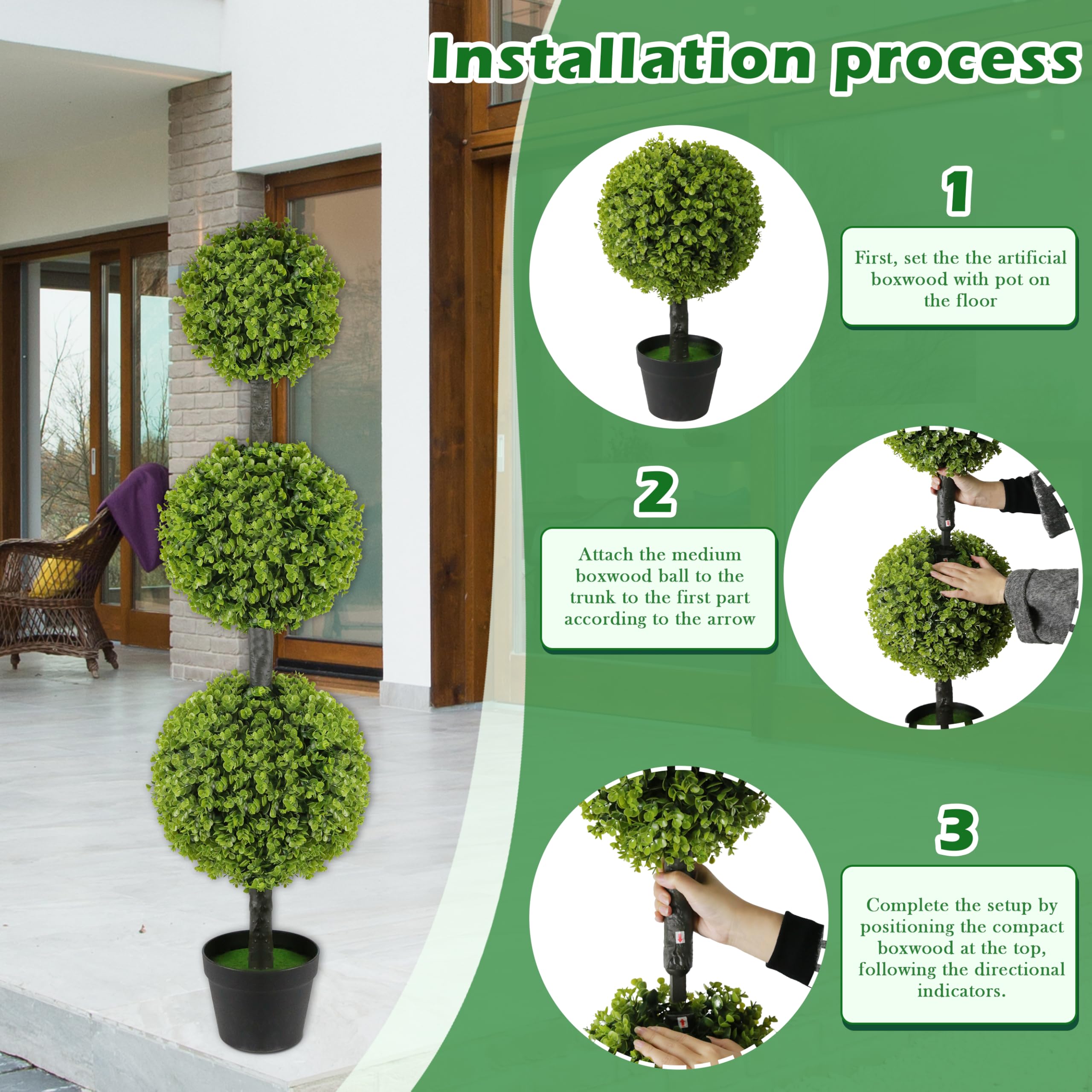 2 Pack 4FT Artificial Triple Ball Topiary Trees in Pot, Faux Shrubs for Front Door Porch Outdoor Decor