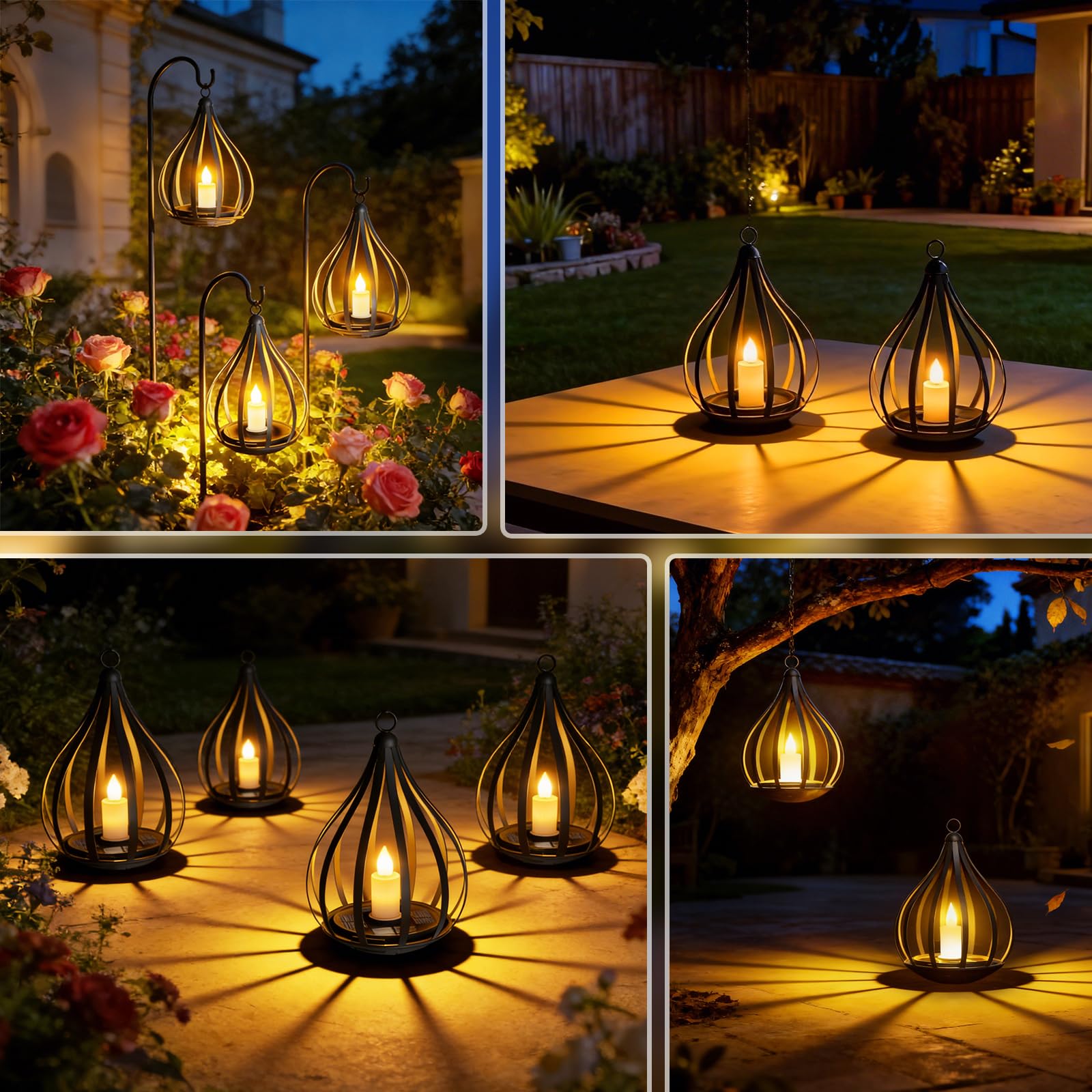 4 Pack Flickering Candle Solar Hanging Lanterns, Waterproof Outdoor Garden Decor Lights