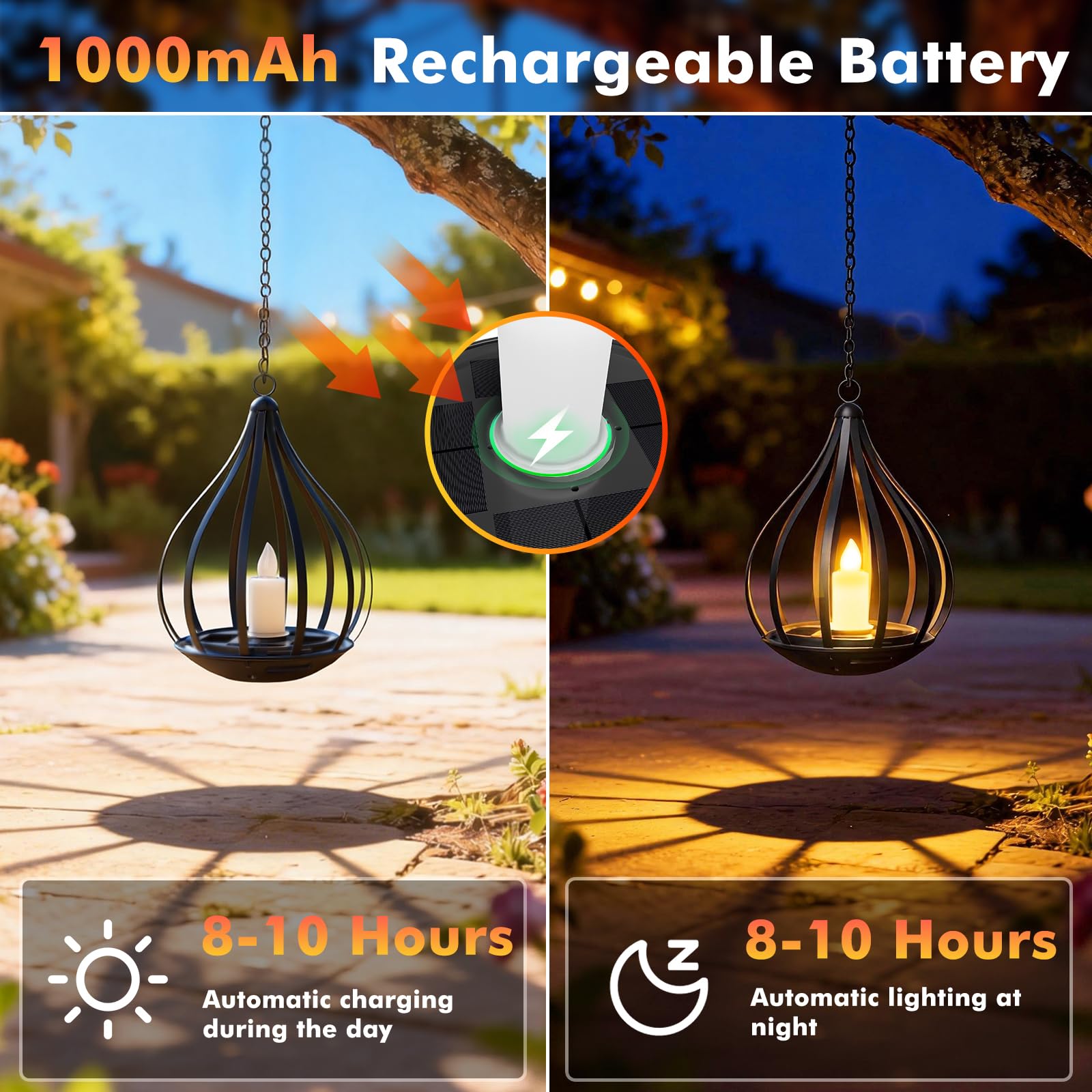 4 Pack Flickering Candle Solar Hanging Lanterns, Waterproof Outdoor Garden Decor Lights