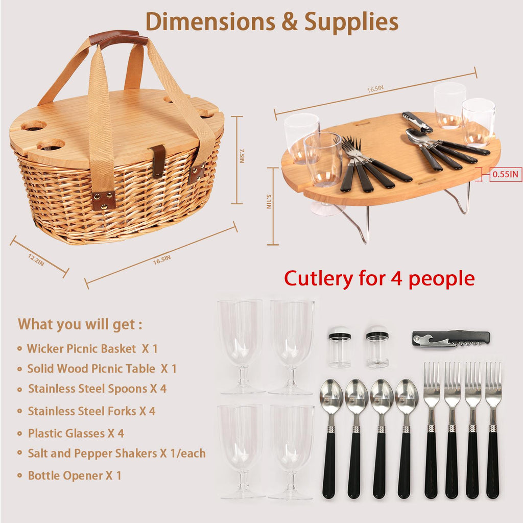Wicker Picnic Basket with Insulated Cooler, Wine Table and Cutlery Set