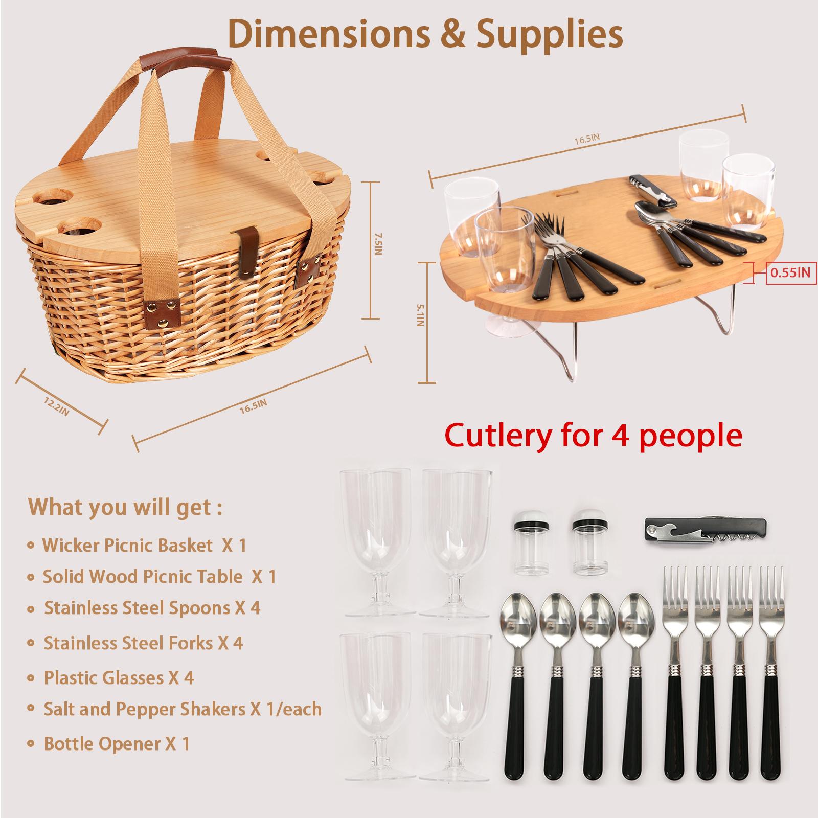 Wicker Picnic Basket with Insulated Cooler, Wine Table and Cutlery Set