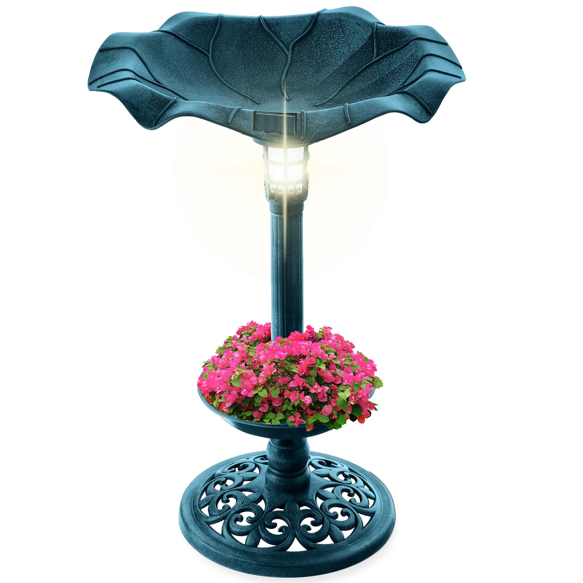 Solar Pedestal Bird Bath with Planter & Integrated Solar Lights, Outdoor Garden Bird Water Bowl Decor