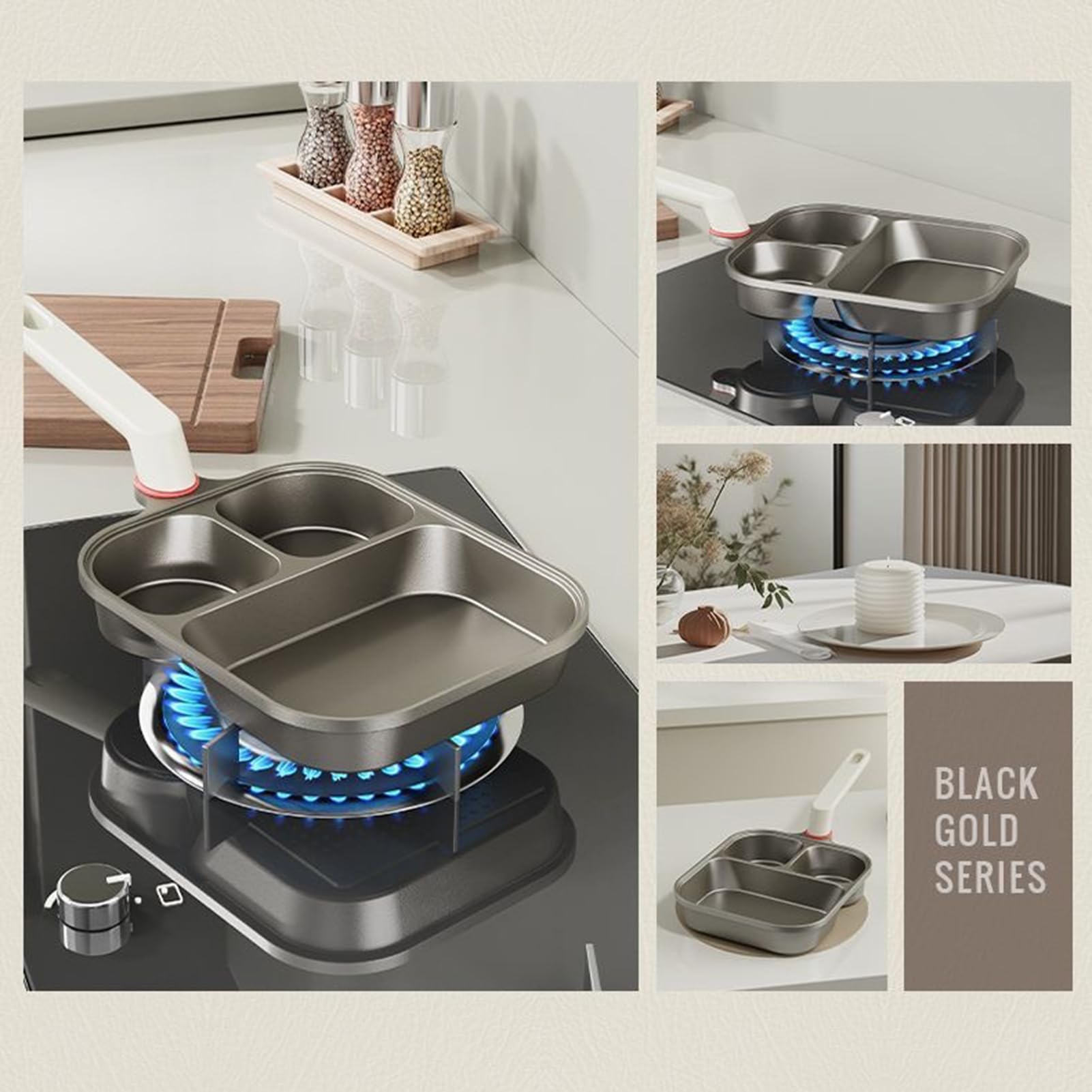 Titanium Nonstick Divided Breakfast Pan, 3-Compartment Egg & Steak Griddle with Lid and Spatula
