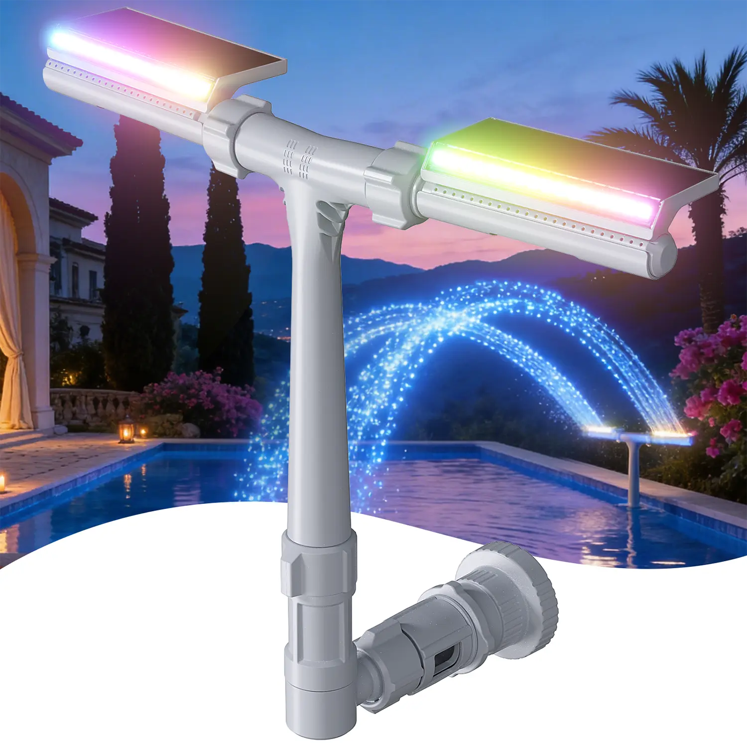 Solar Powered Pool Fountain with Remote & Dual Spray Heads, Auto Light Sensing Fountain for Inground Above Ground Pools