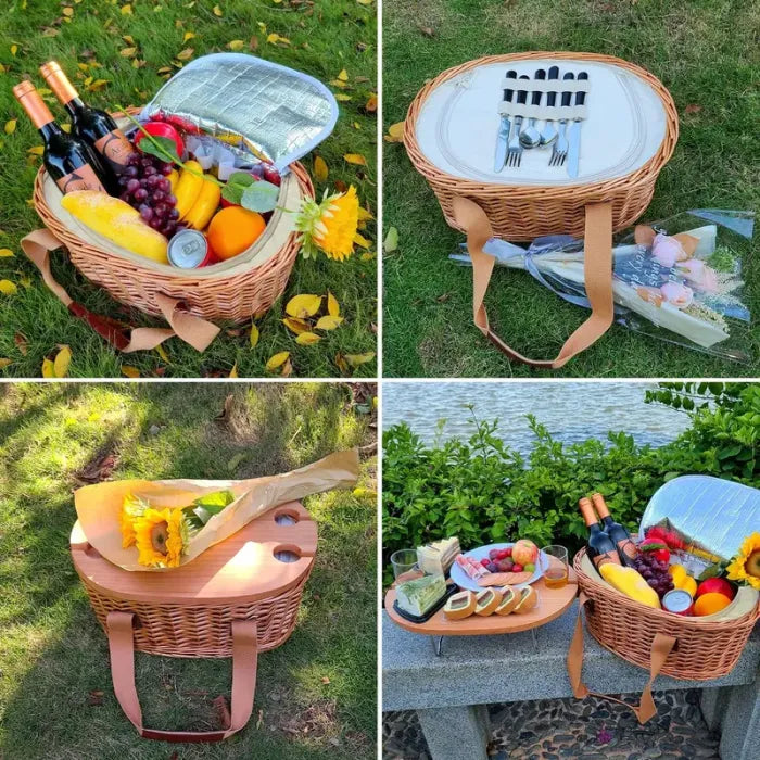 Wicker Picnic Basket with Insulated Cooler, Wine Table and Cutlery Set
