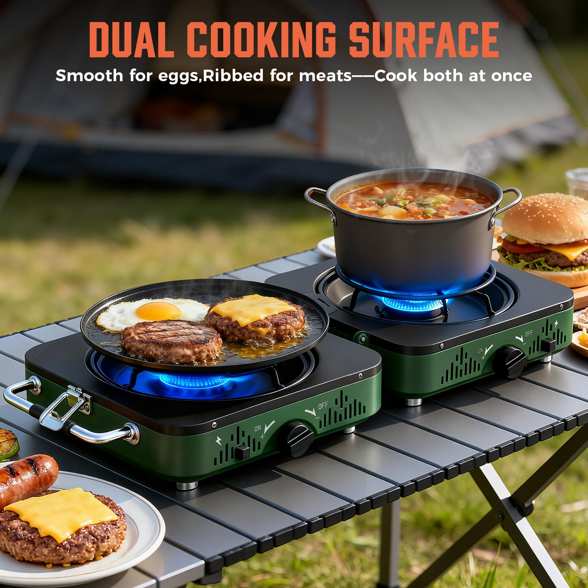 Portable 2-Burner Folding Propane Camping Stove Kit with Frying Pan & Storage Bag