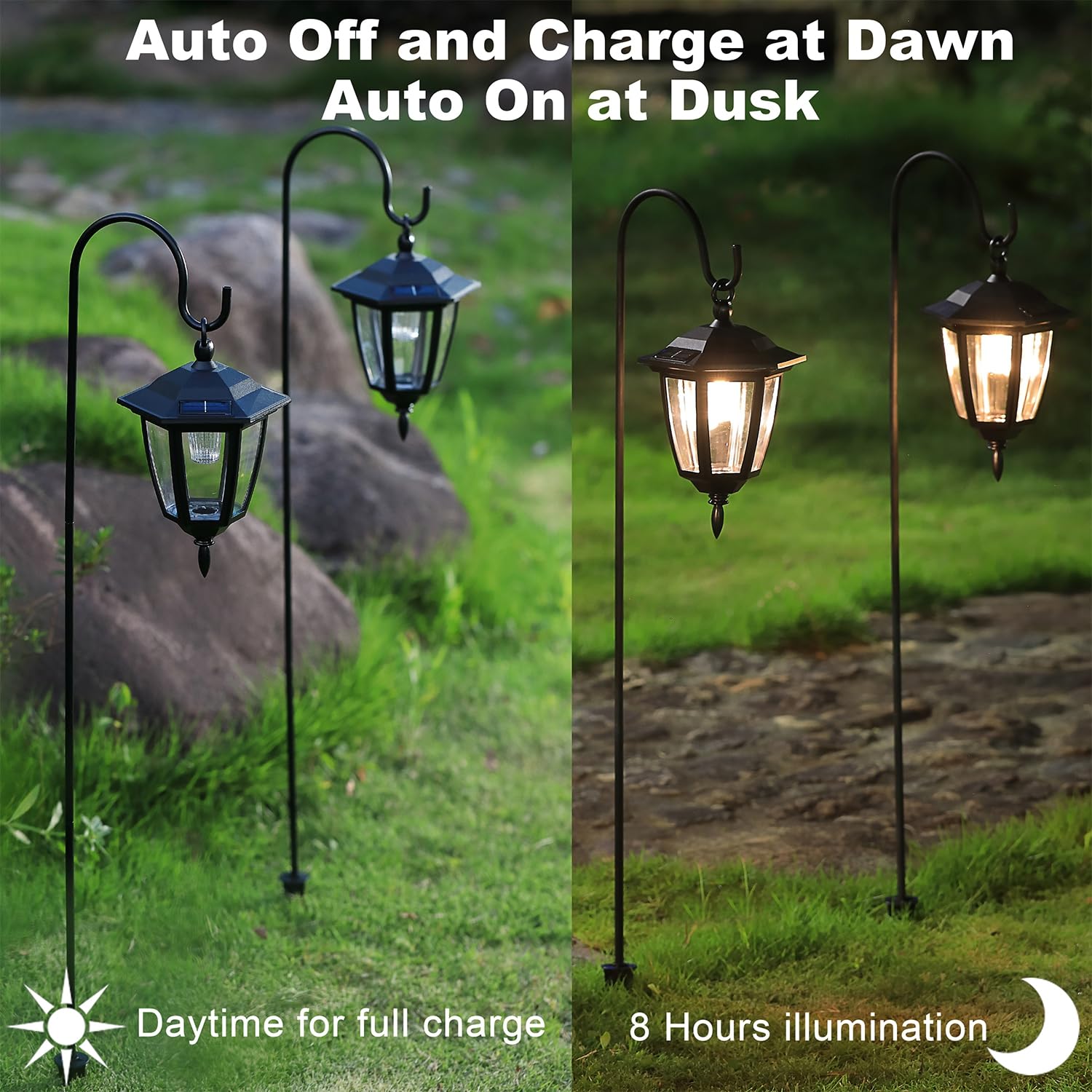 4 Pack Solar Hanging Lanterns with 38" Shepherd Hooks, Waterproof Warm White Outdoor Garden Lights