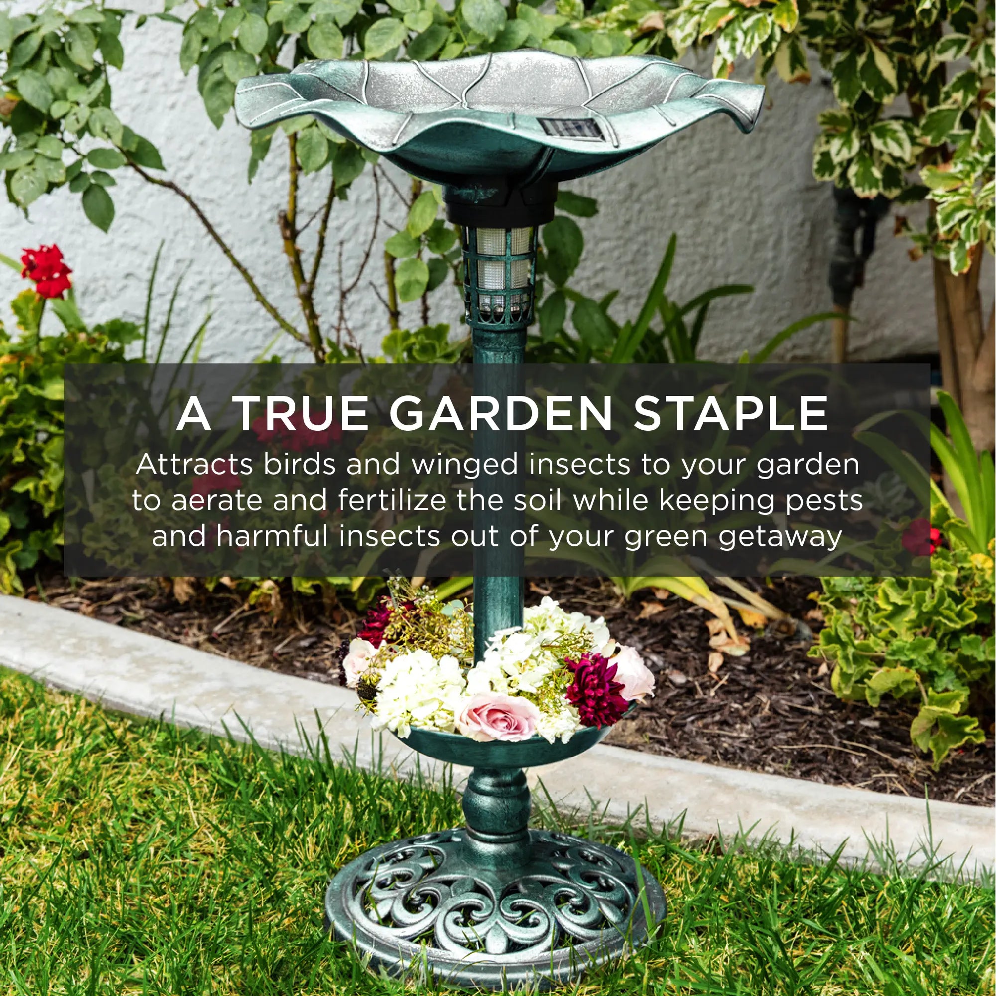 Solar Pedestal Bird Bath with Planter & Integrated Solar Lights, Outdoor Garden Bird Water Bowl Decor