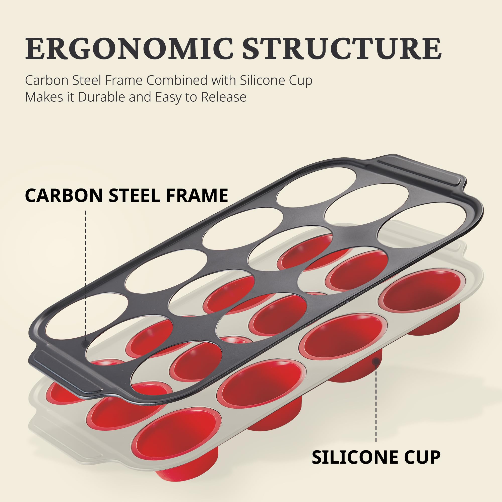 Silicone Standard Muffin Pan with Carbon Steel Frame, 12-Cup