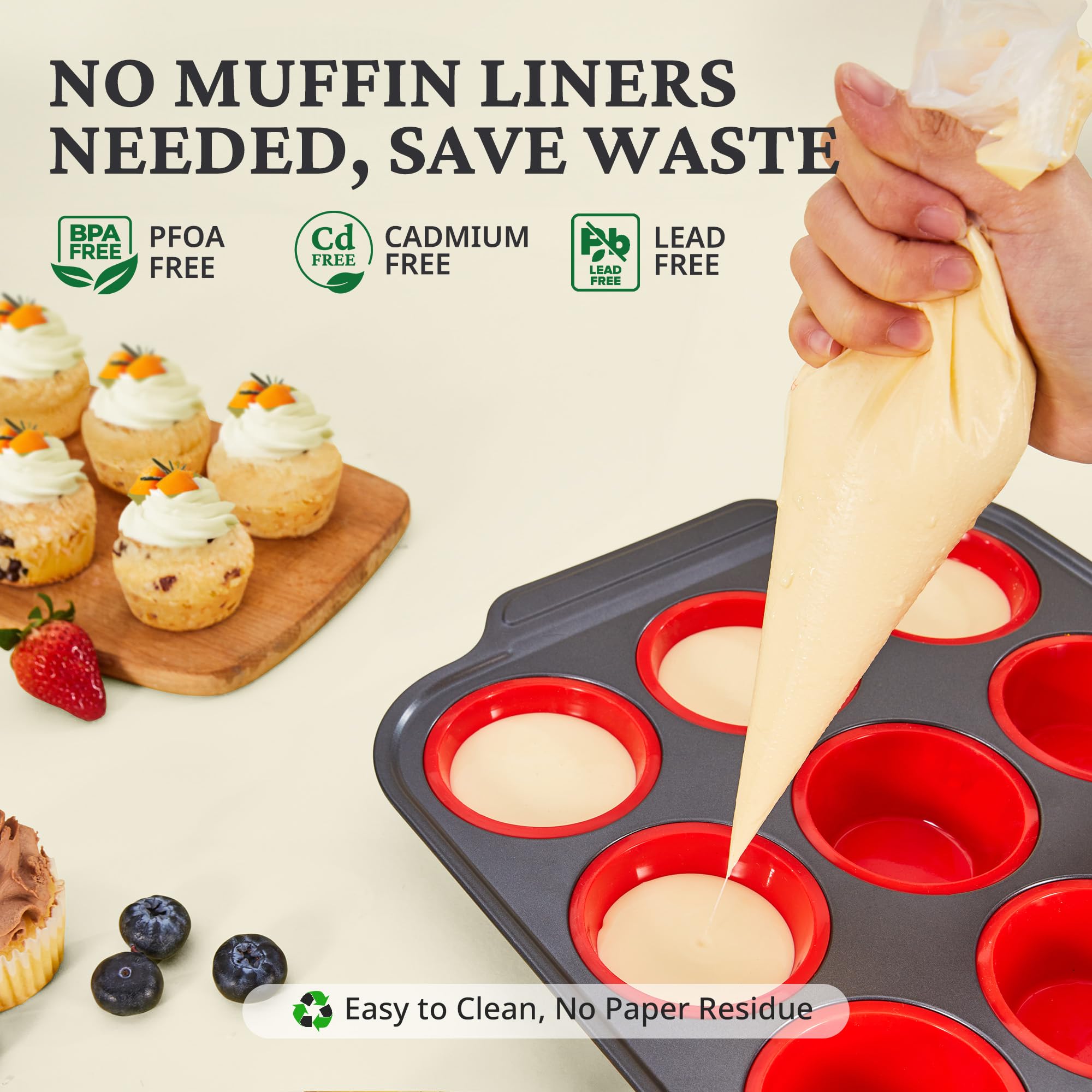 Silicone Standard Muffin Pan with Carbon Steel Frame, 12-Cup
