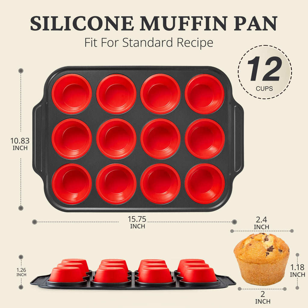Silicone Standard Muffin Pan with Carbon Steel Frame, 12-Cup