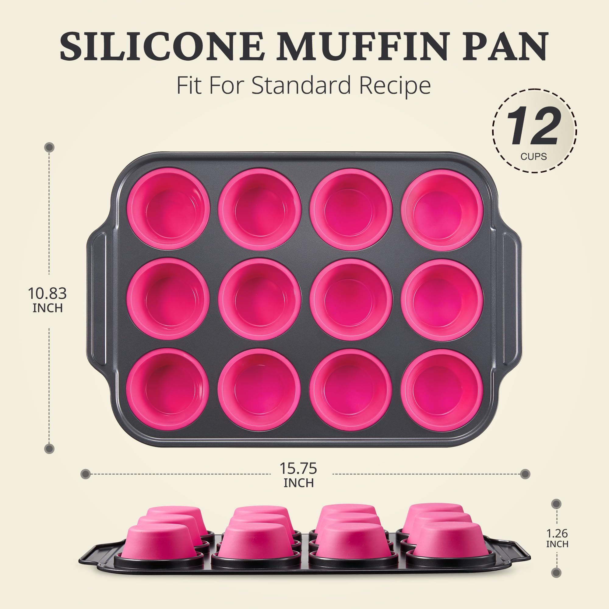Silicone Standard Muffin Pan with Carbon Steel Frame, 12-Cup