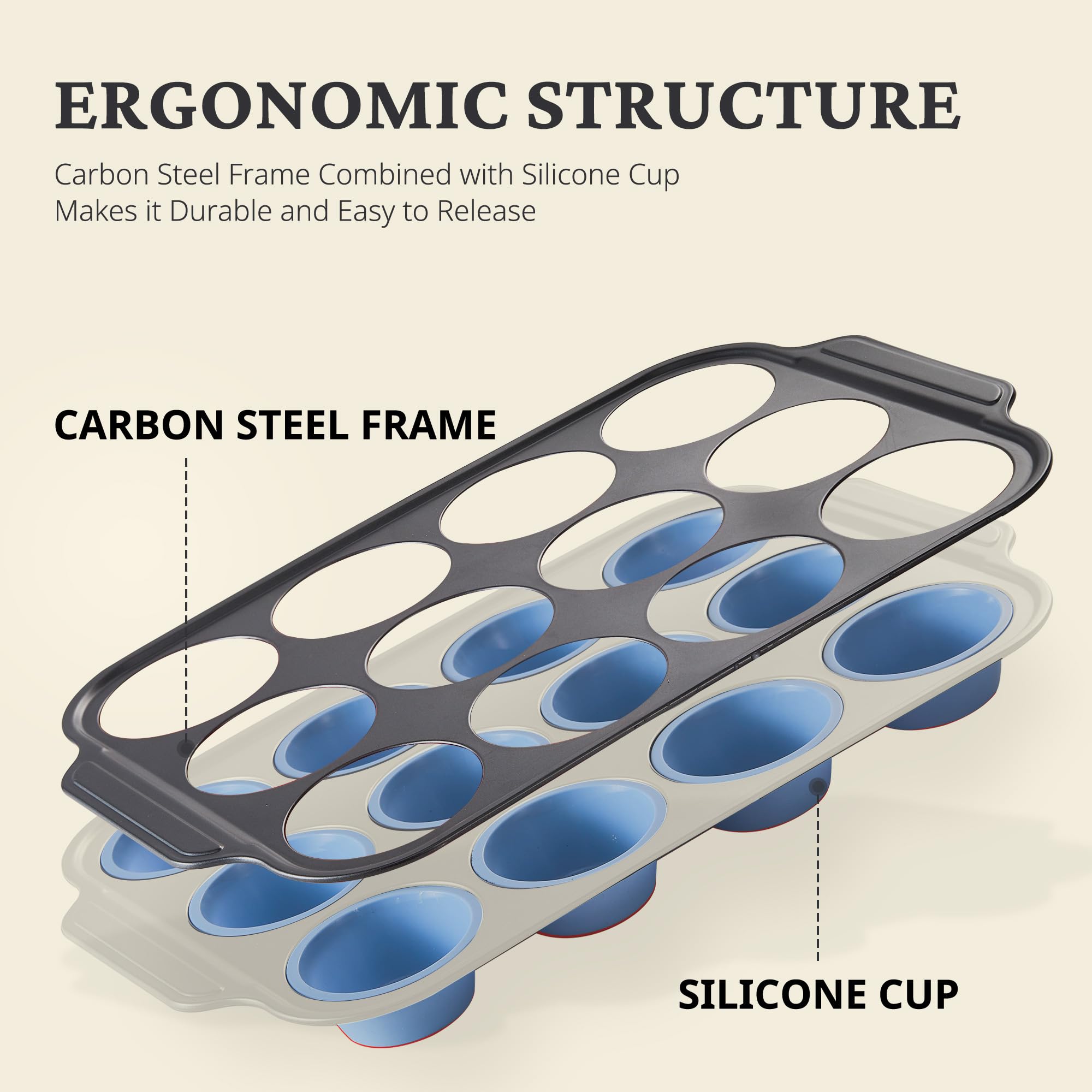 Silicone Standard Muffin Pan with Carbon Steel Frame, 12-Cup