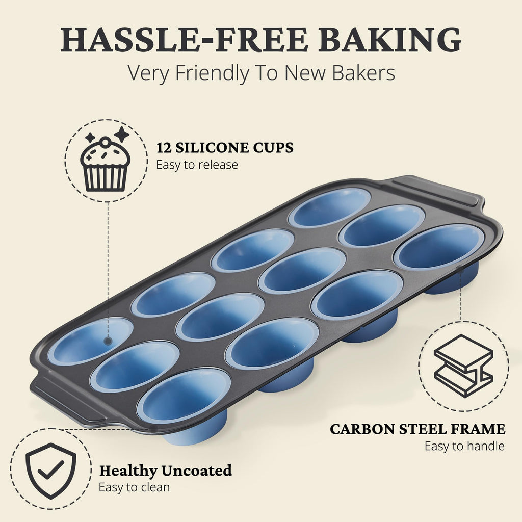 Silicone Standard Muffin Pan with Carbon Steel Frame, 12-Cup