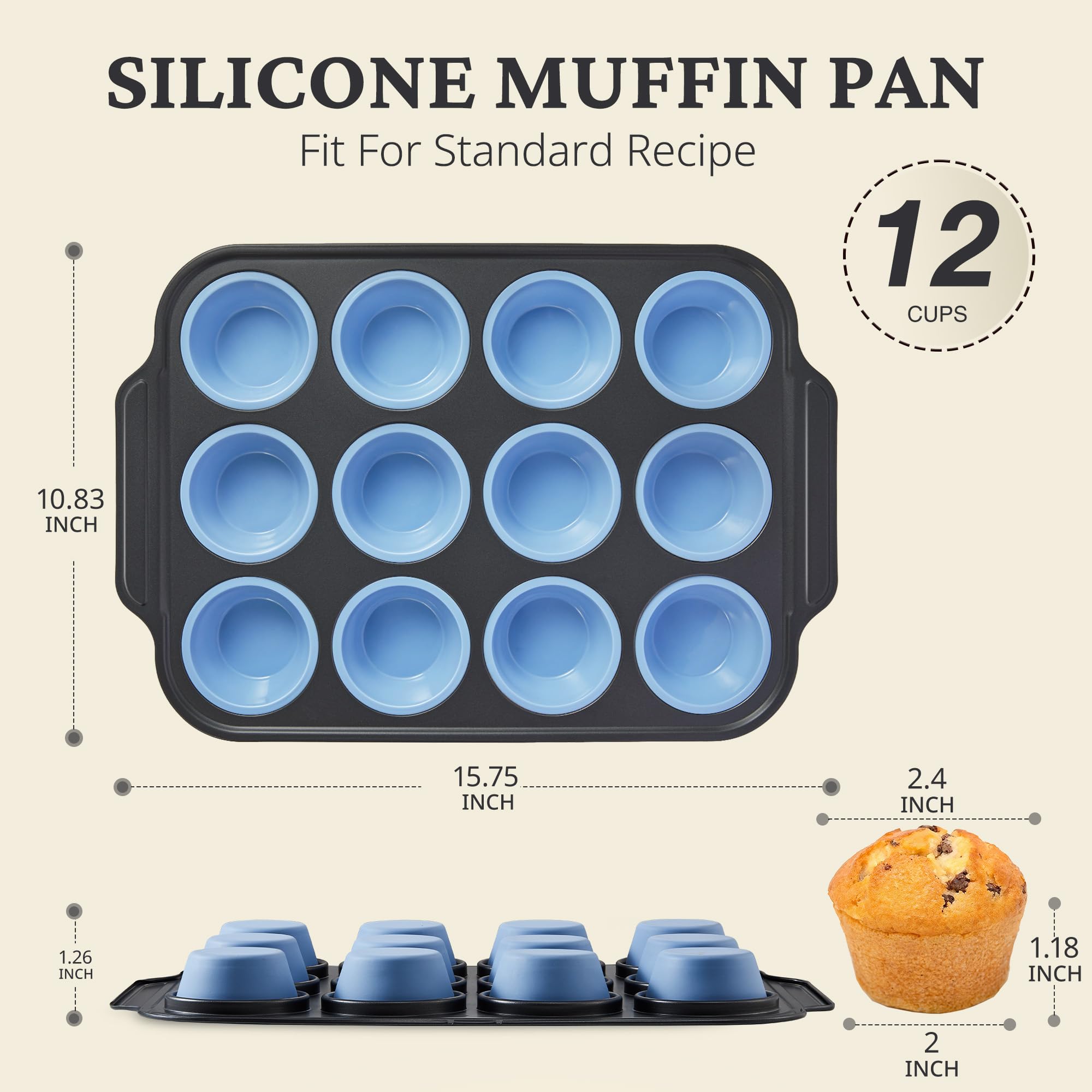 Silicone Standard Muffin Pan with Carbon Steel Frame, 12-Cup