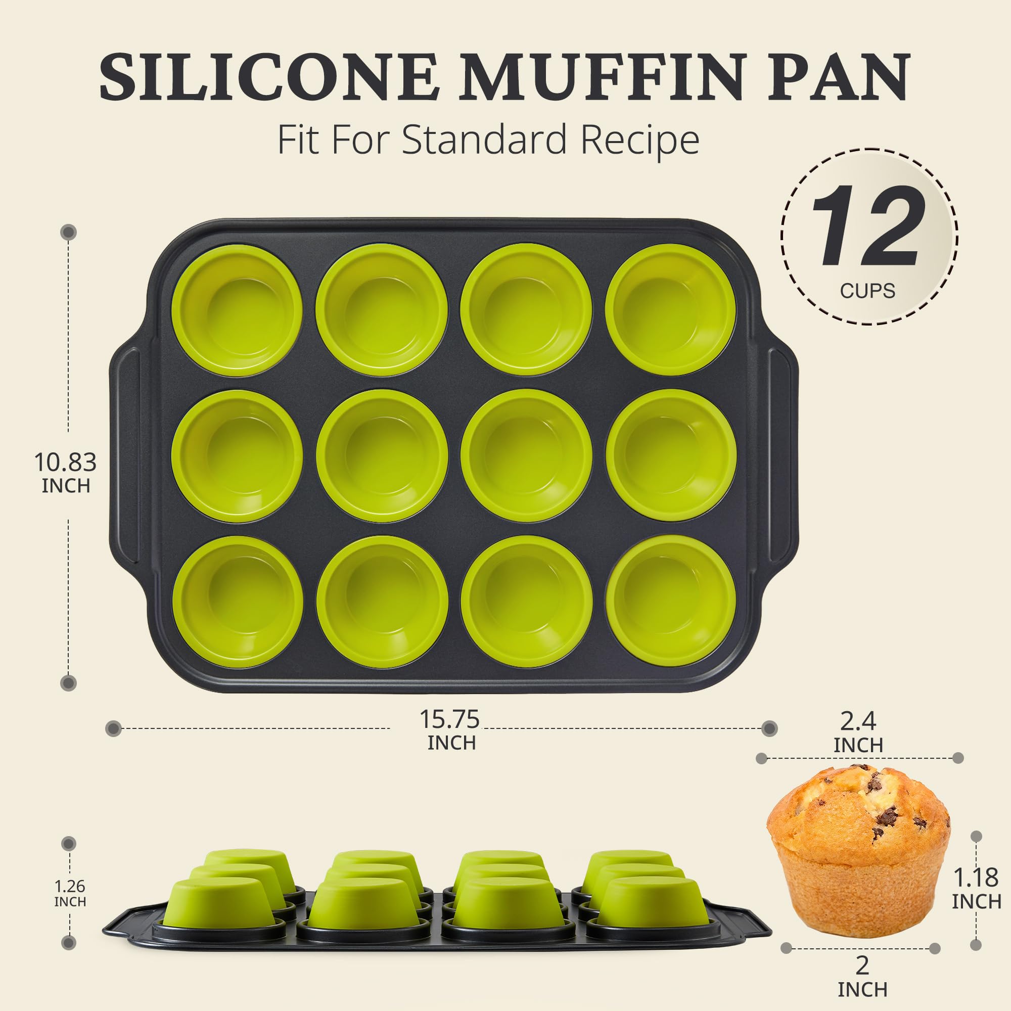 Silicone Standard Muffin Pan with Carbon Steel Frame, 12-Cup