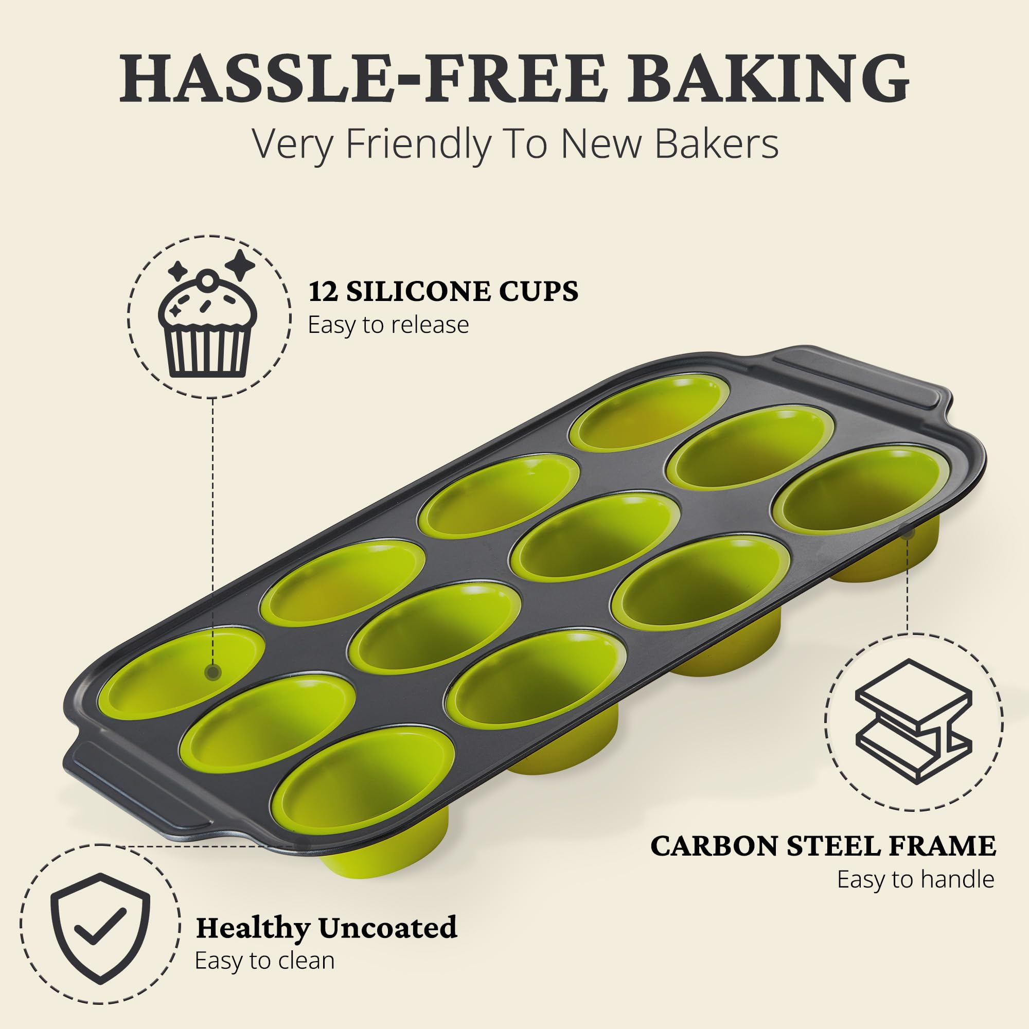 Silicone Standard Muffin Pan with Carbon Steel Frame, 12-Cup